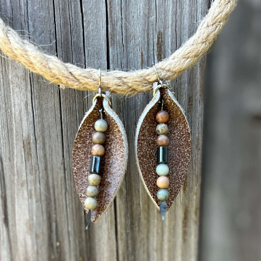 Leather Petal Earrings - Brown with Aqua Terra Jasper