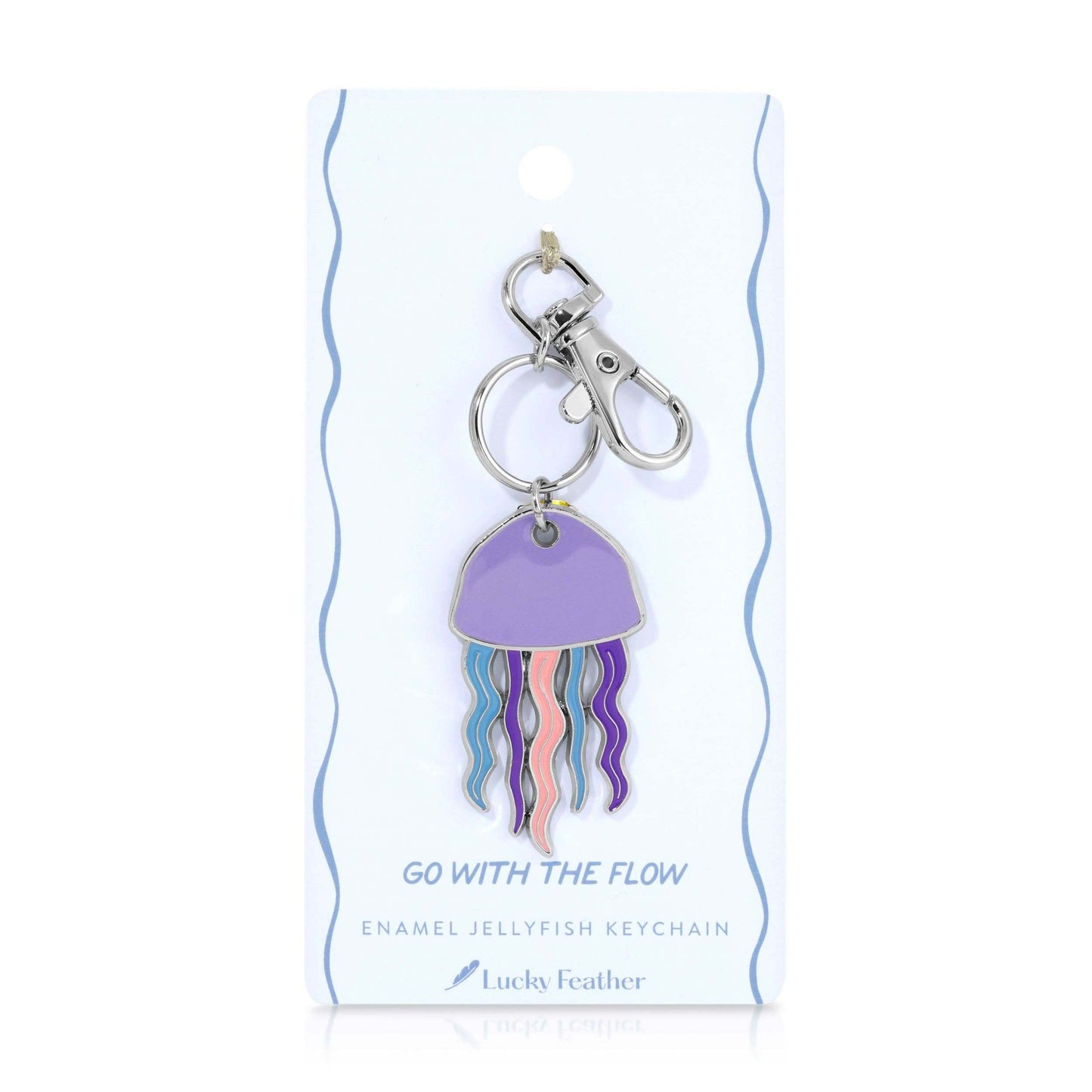 Jellyfish keychain on a white background with 'Lucky Feather' branding.