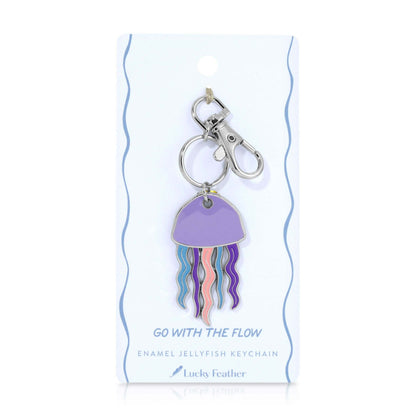 Jellyfish keychain on a white background with 'Lucky Feather' branding.