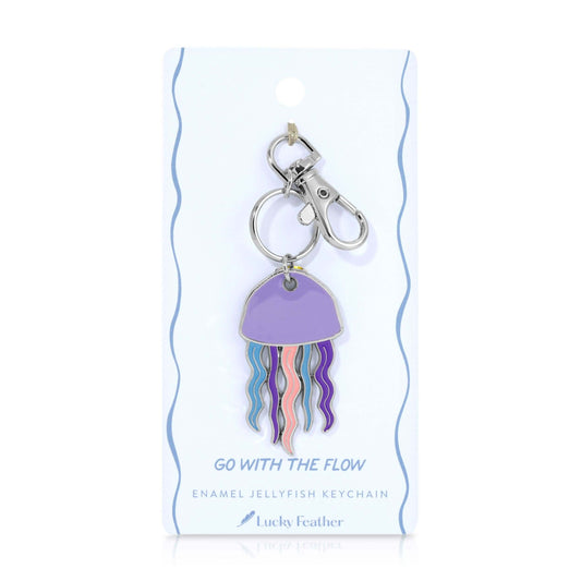 Jellyfish keychain on a white background with 'Lucky Feather' branding.