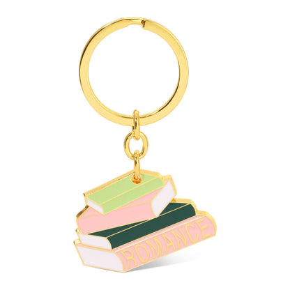 Keychain with books stacked on top of each other, labeled 'Romance', on a white background.