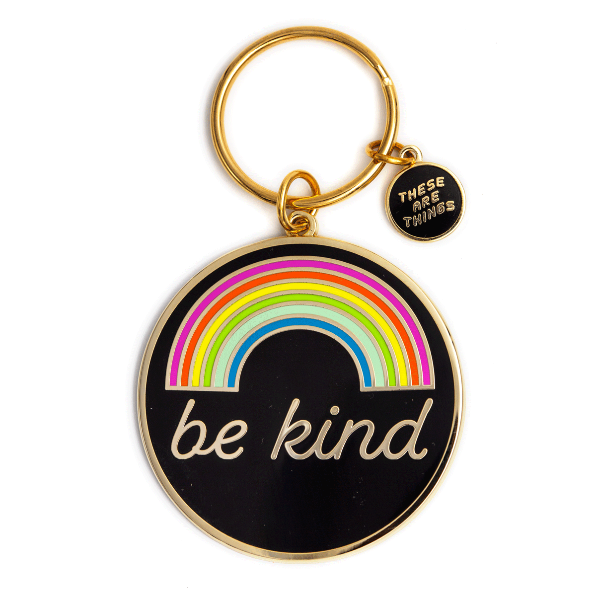 Keychain with rainbow and 'be kind' text on a black background