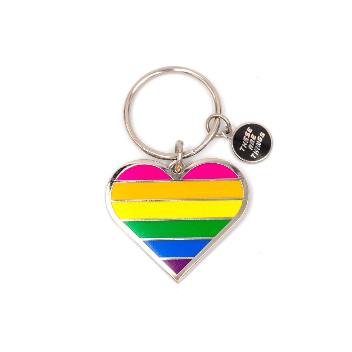 Keychain with rainbow heart design on a white background