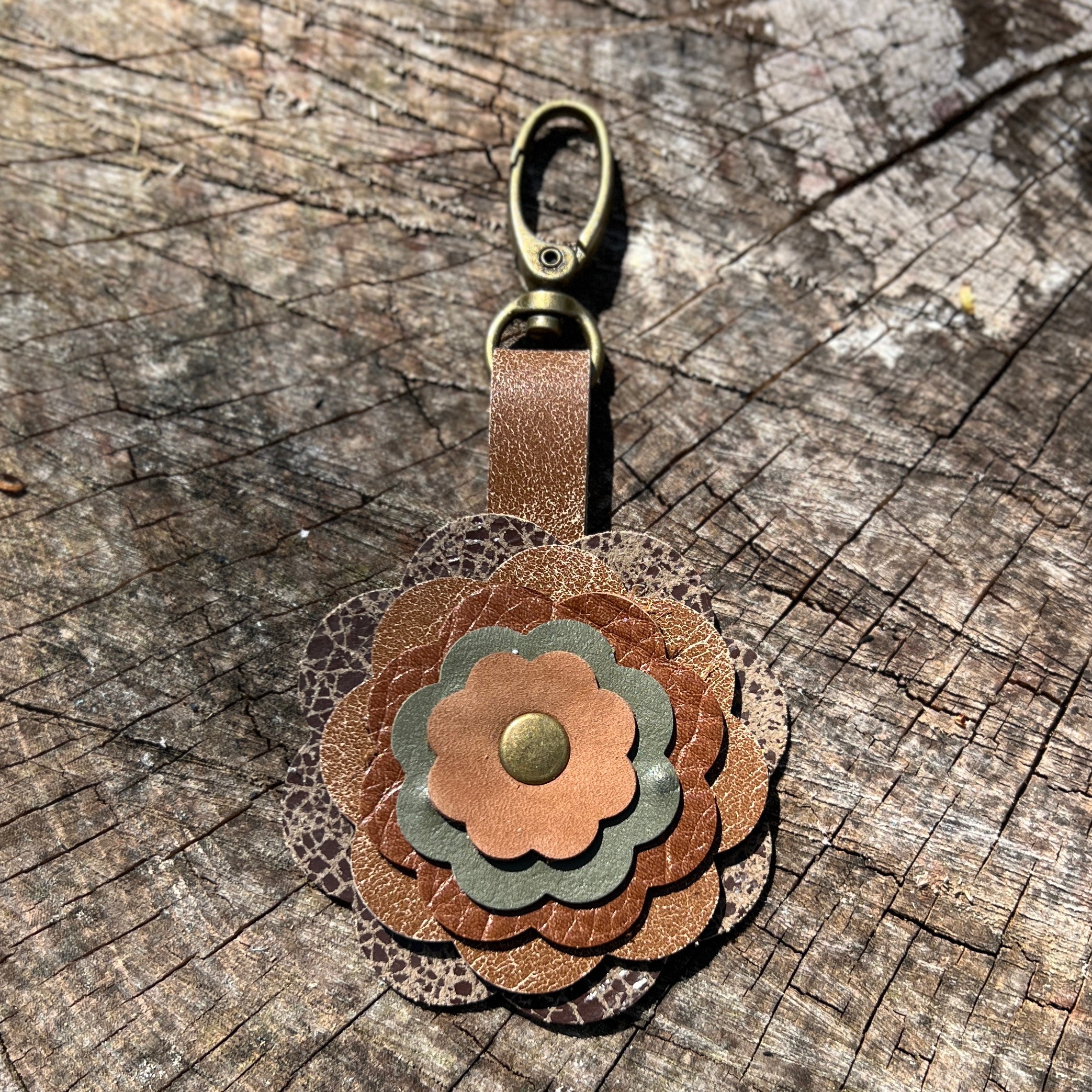 Leather Flower Bag Charm and Key Chain in Shades of Brown