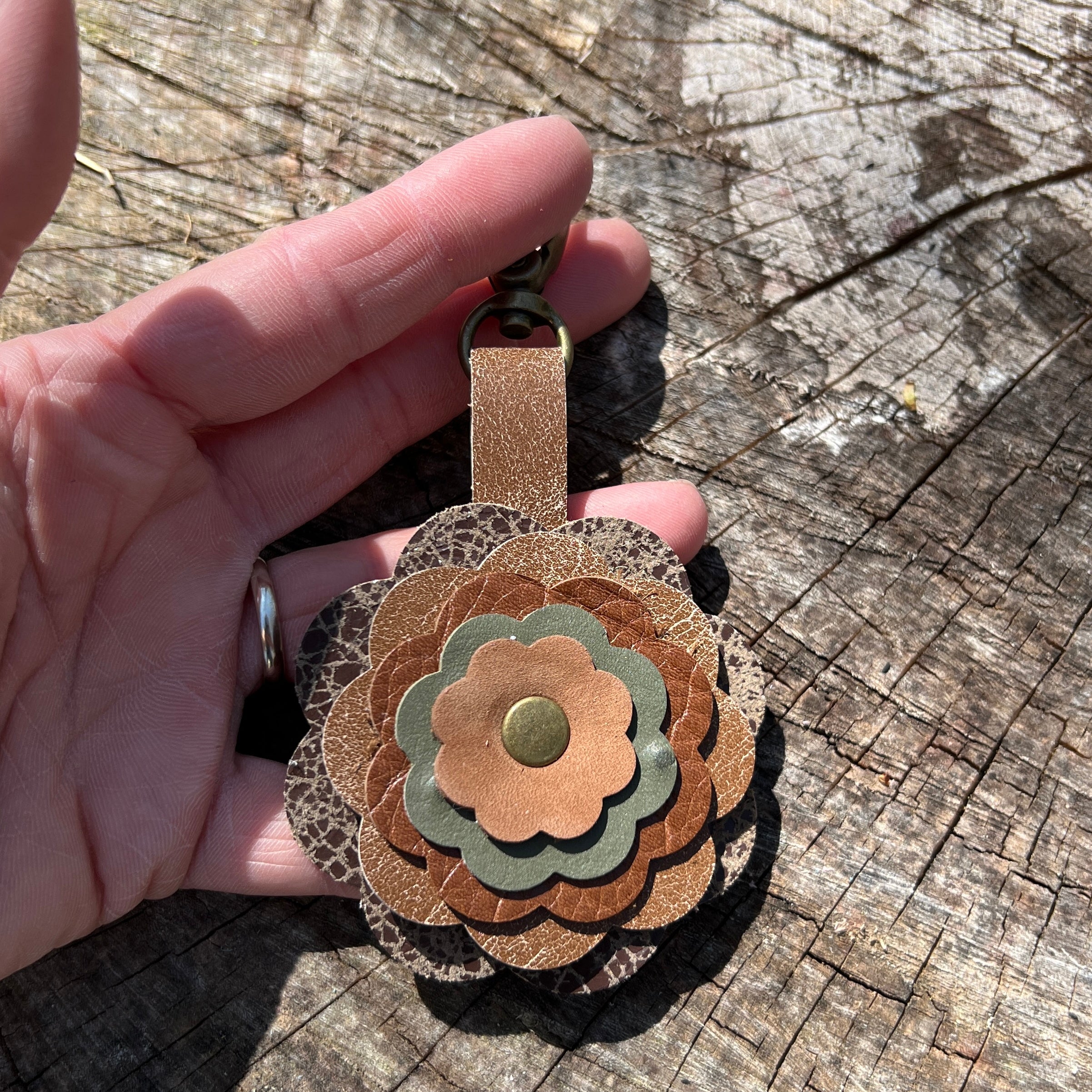 Leather Flower Bag Charm and Key Chain in Shades of Brown