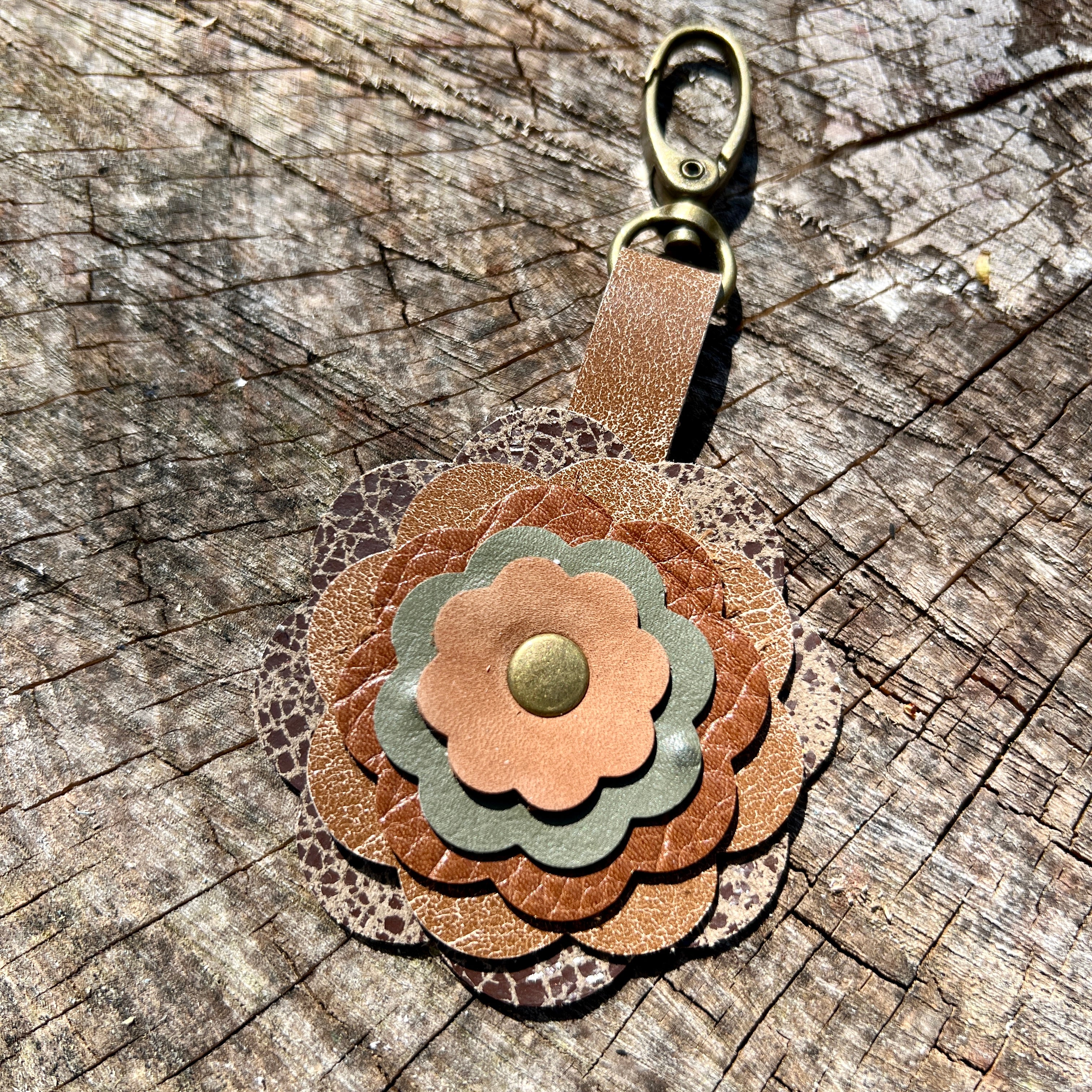 Leather Flower Bag Charm and Key Chain in Shades of Brown