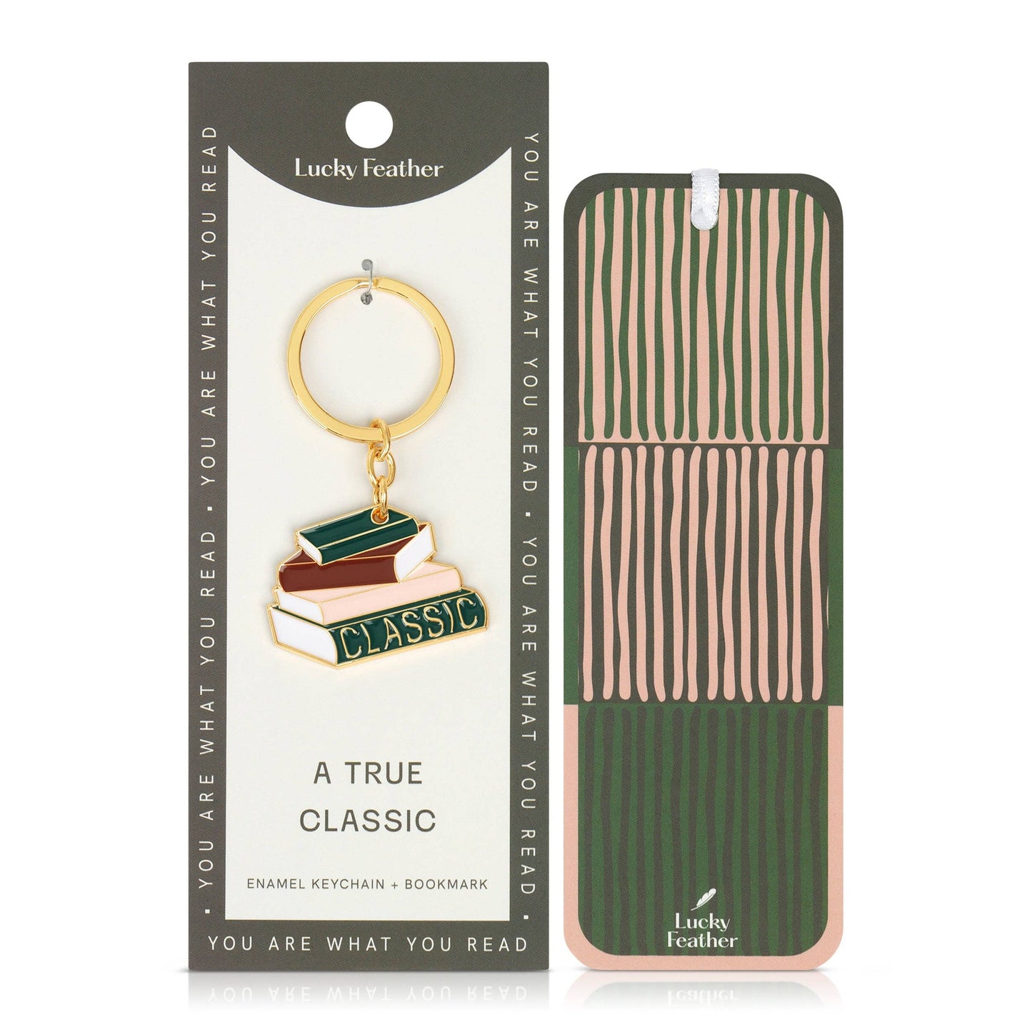 Lucky Feather enamel keychain and bookmark with packaging on a white background