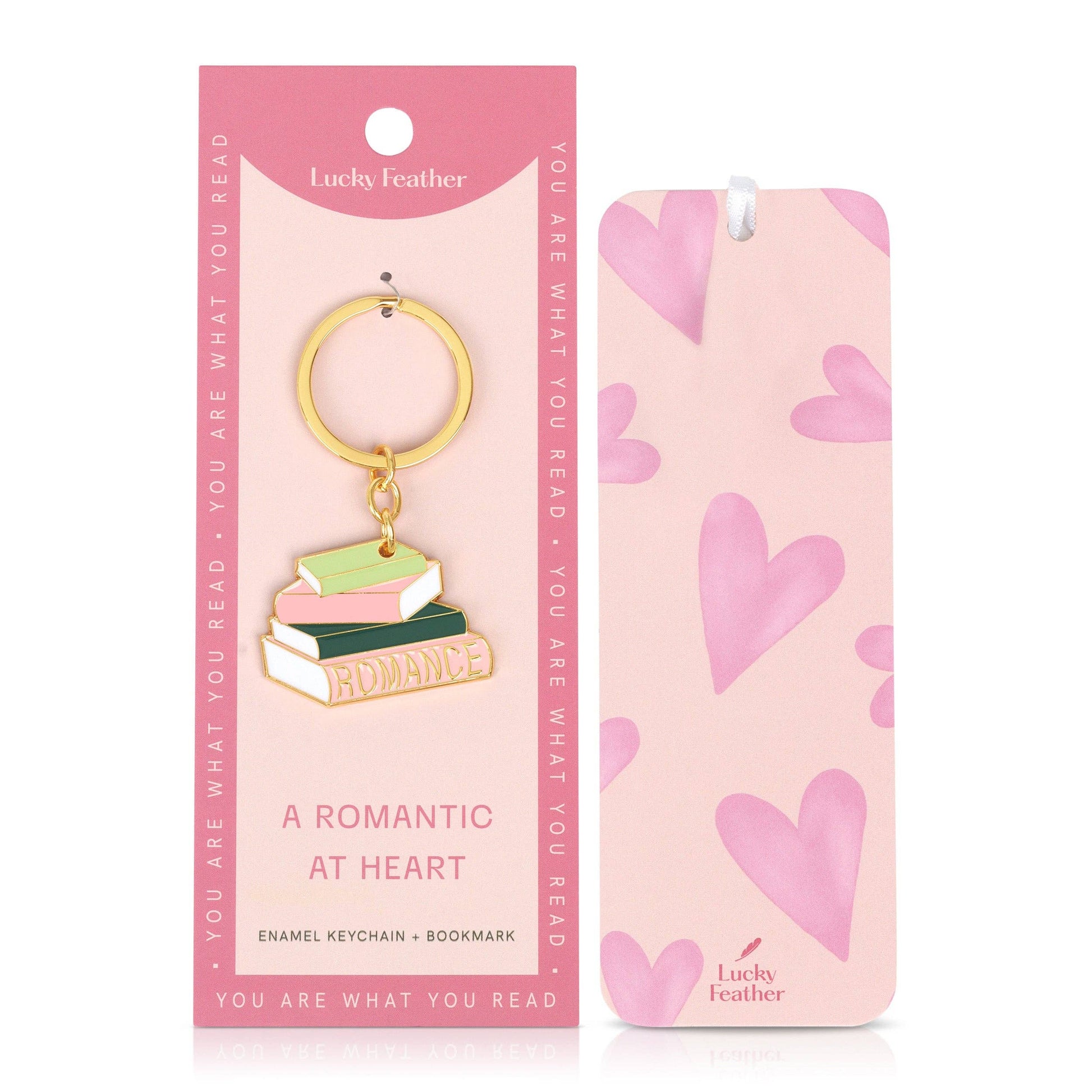 Lucky Feather romantic keychain and bookmark set on pink packaging with heart design