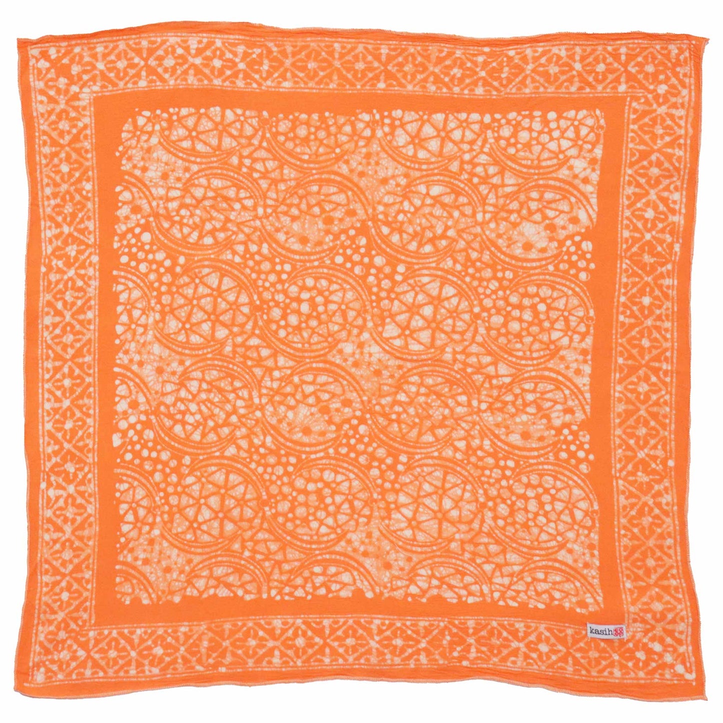 Orange bandana with white paisley pattern on a white background