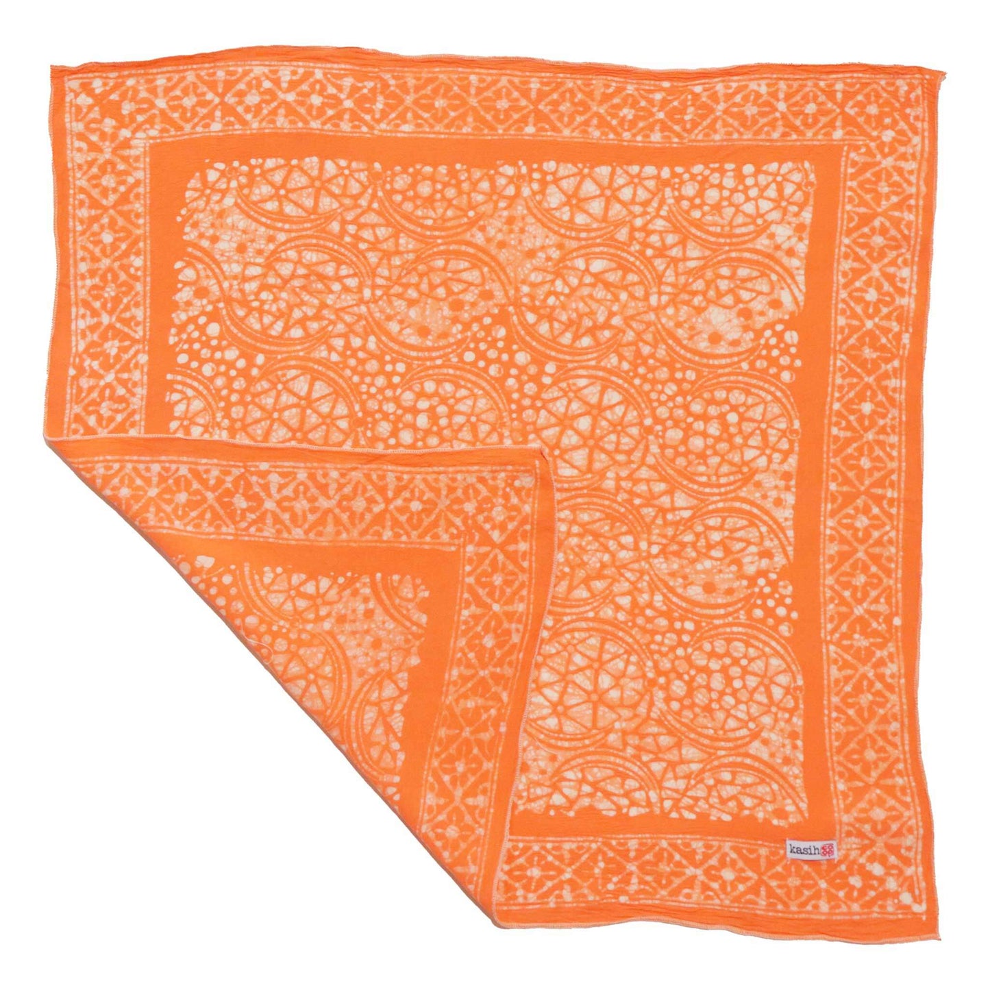 Orange bandana with white paisley pattern on a white background