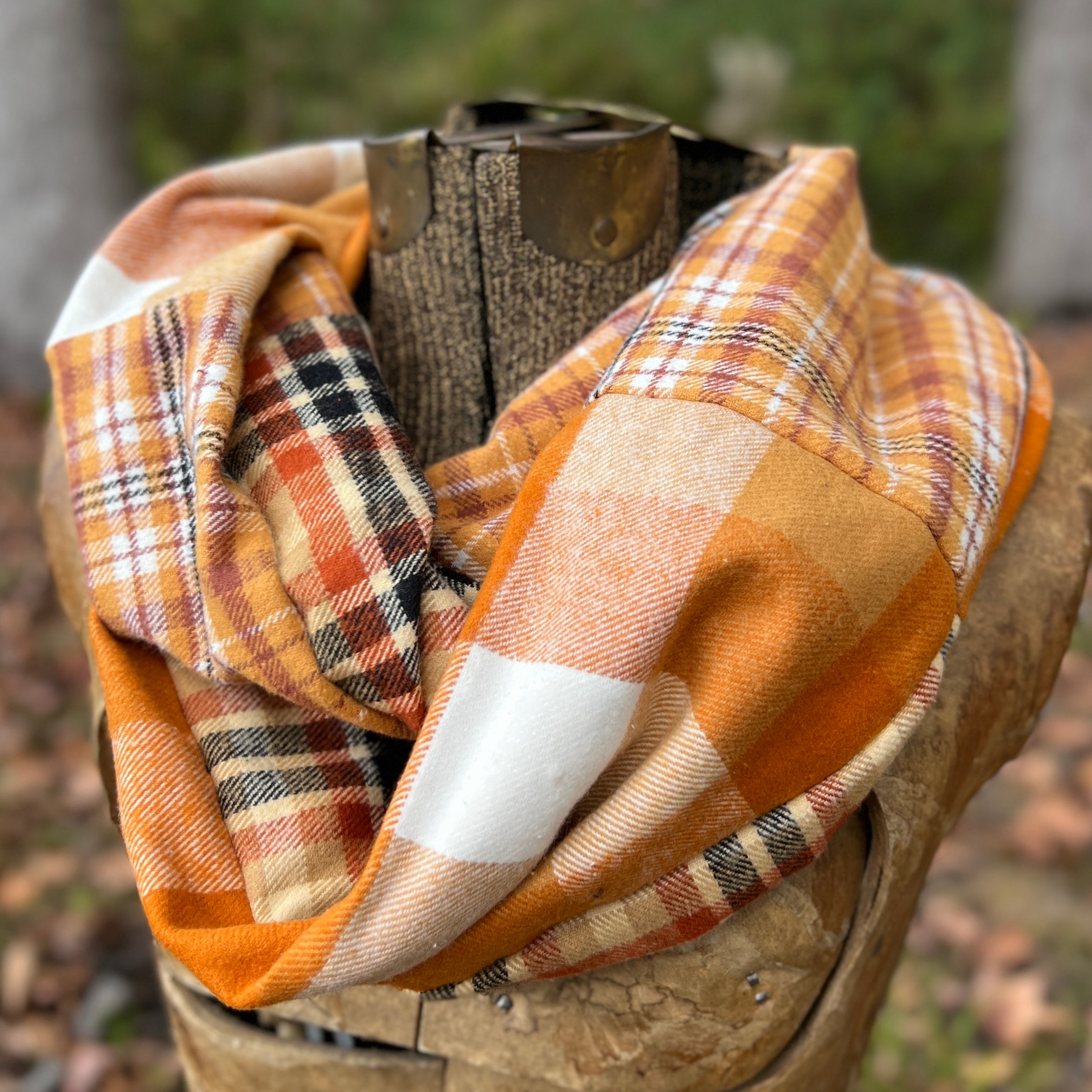 Patchwork Flannel Infinity Scarf Autumn Orange Plaid