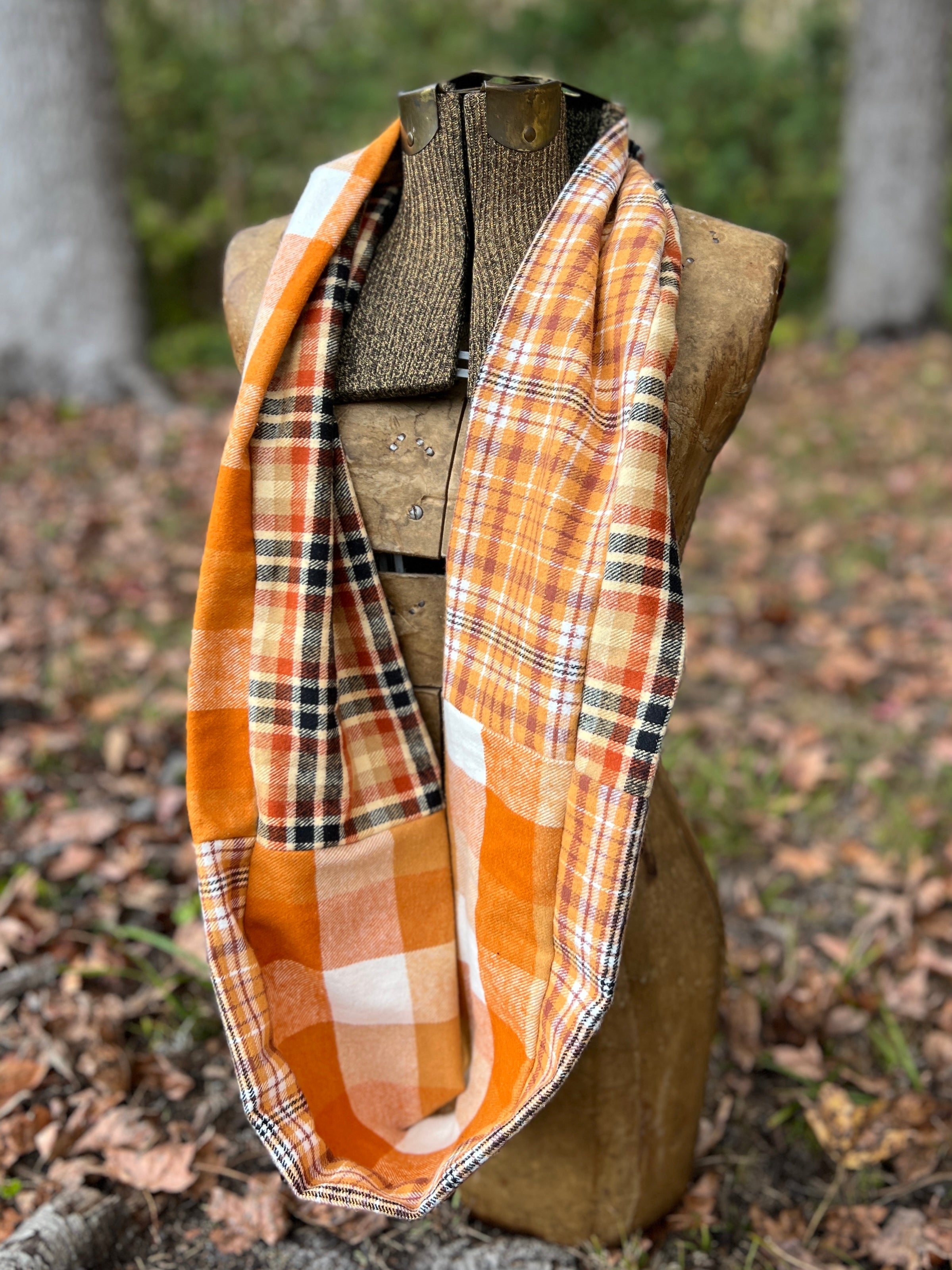 Patchwork Flannel Infinity Scarf - Autumn Orange Plaid