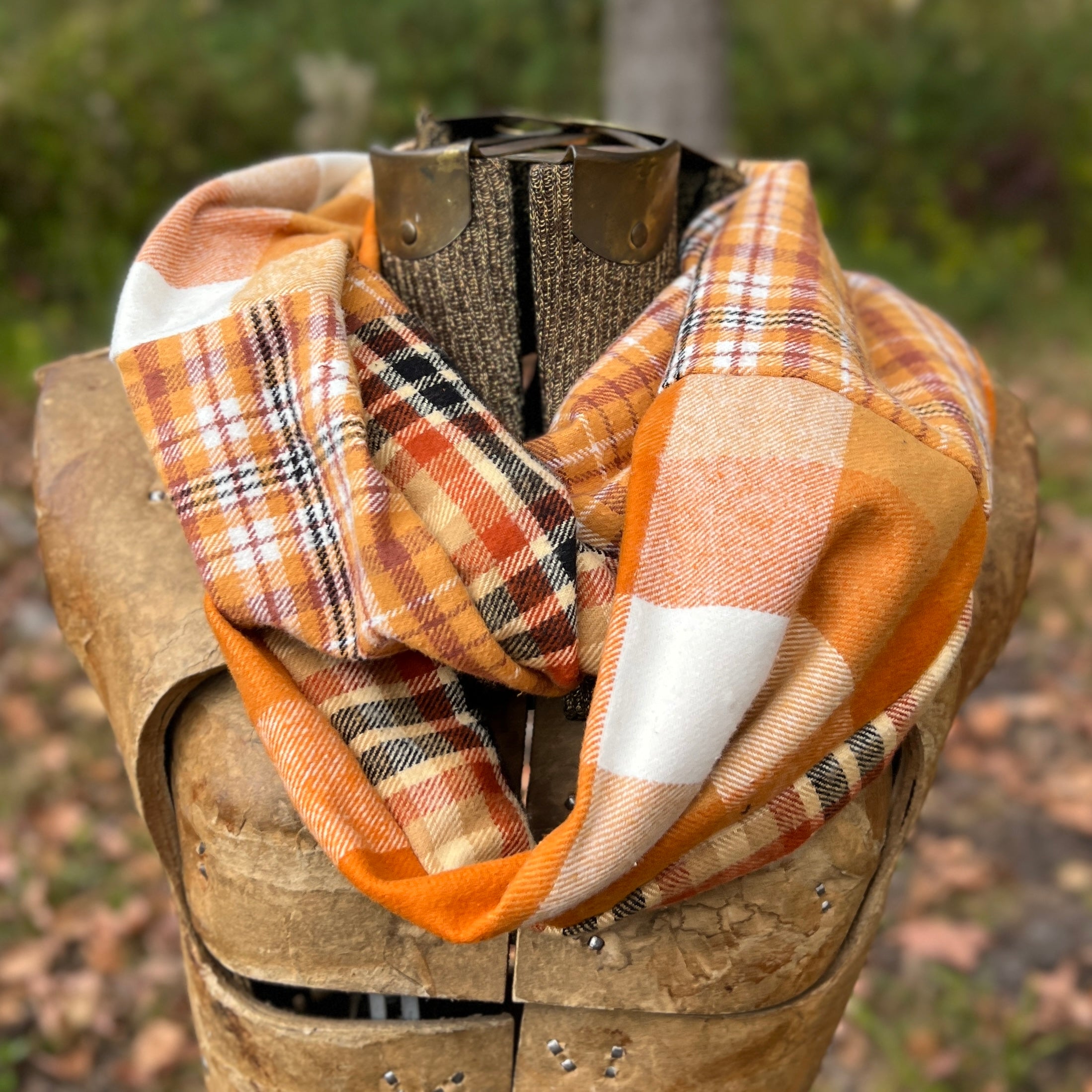 Patchwork Flannel Infinity Scarf - Autumn Orange Plaid