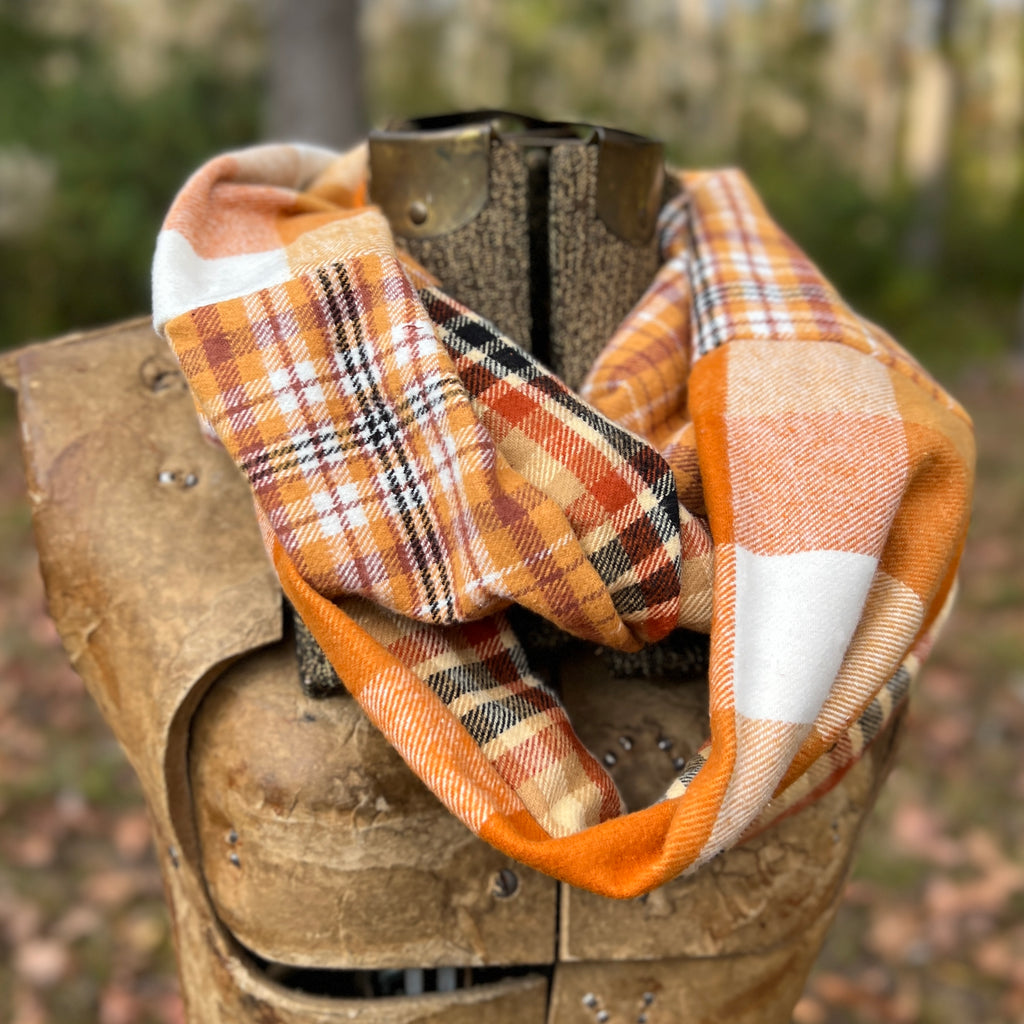 Patchwork Flannel Infinity Scarf - Autumn Orange Plaid