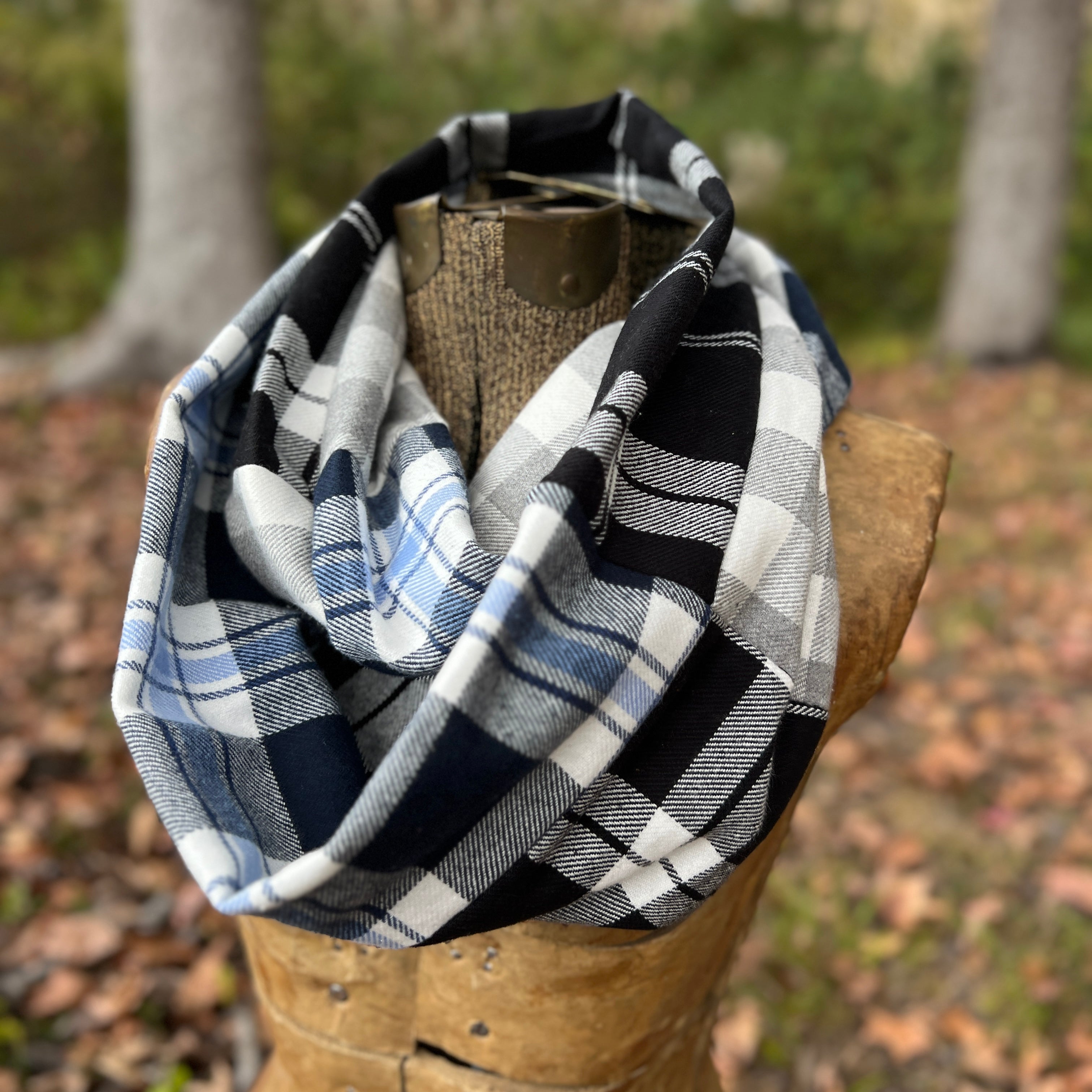 Patchwork Flannel Infinity Scarf in black, blue and grey