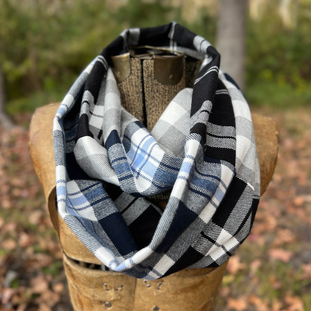 Patchwork Flannel Infinity Scarf in black, blue and grey