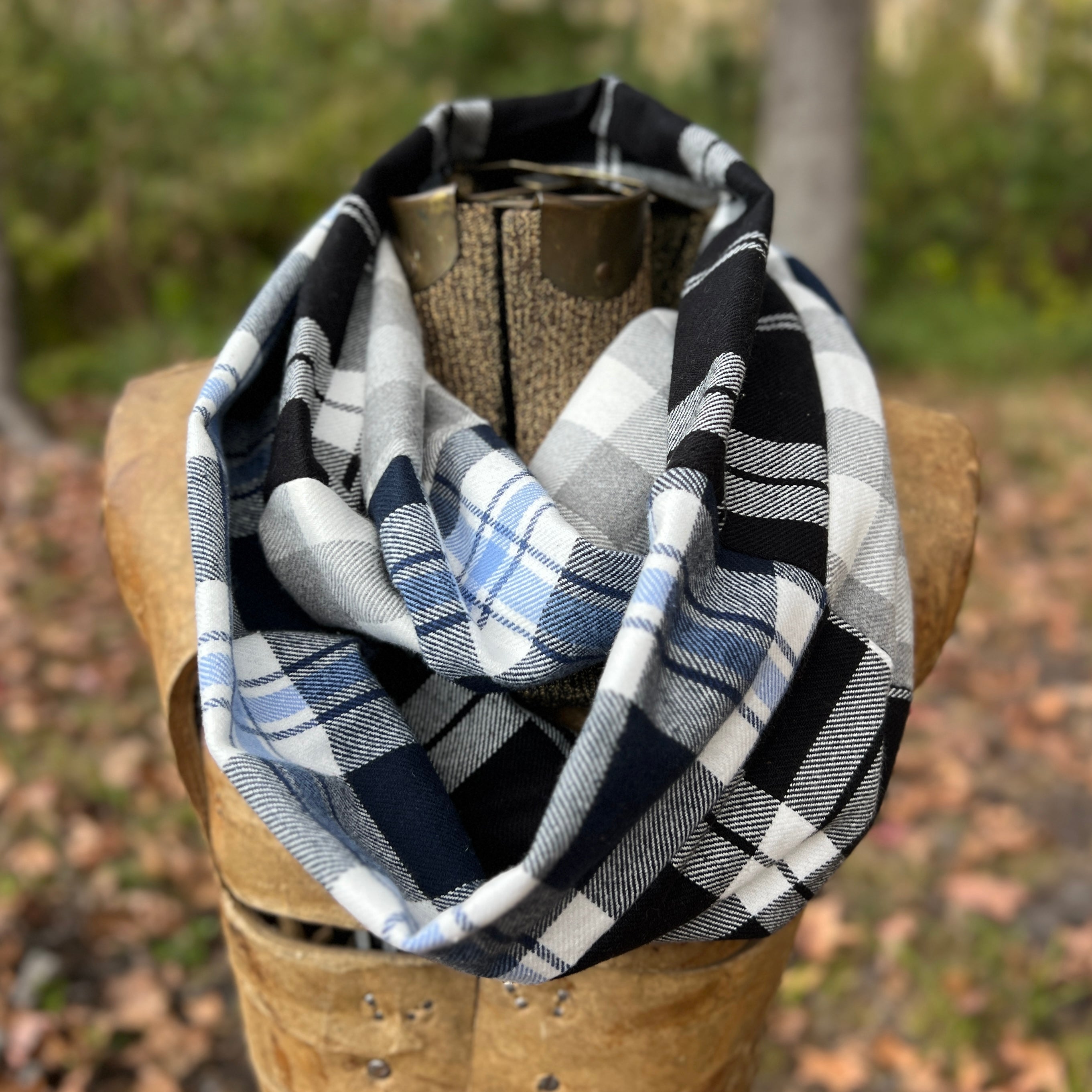 Patchwork Flannel Infinity Scarf in black, blue and grey