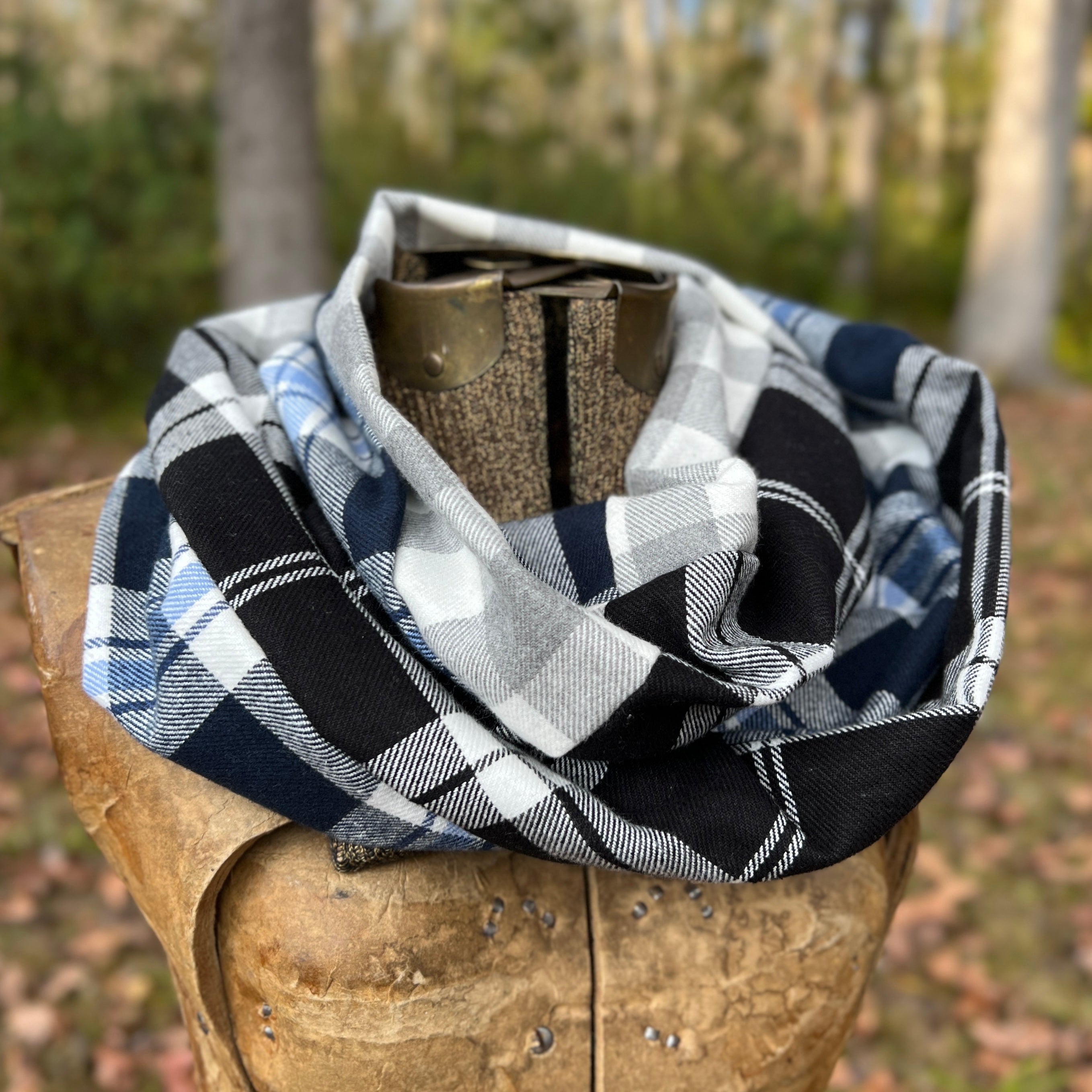 Patchwork Flannel Infinity Scarf in black, blue and grey