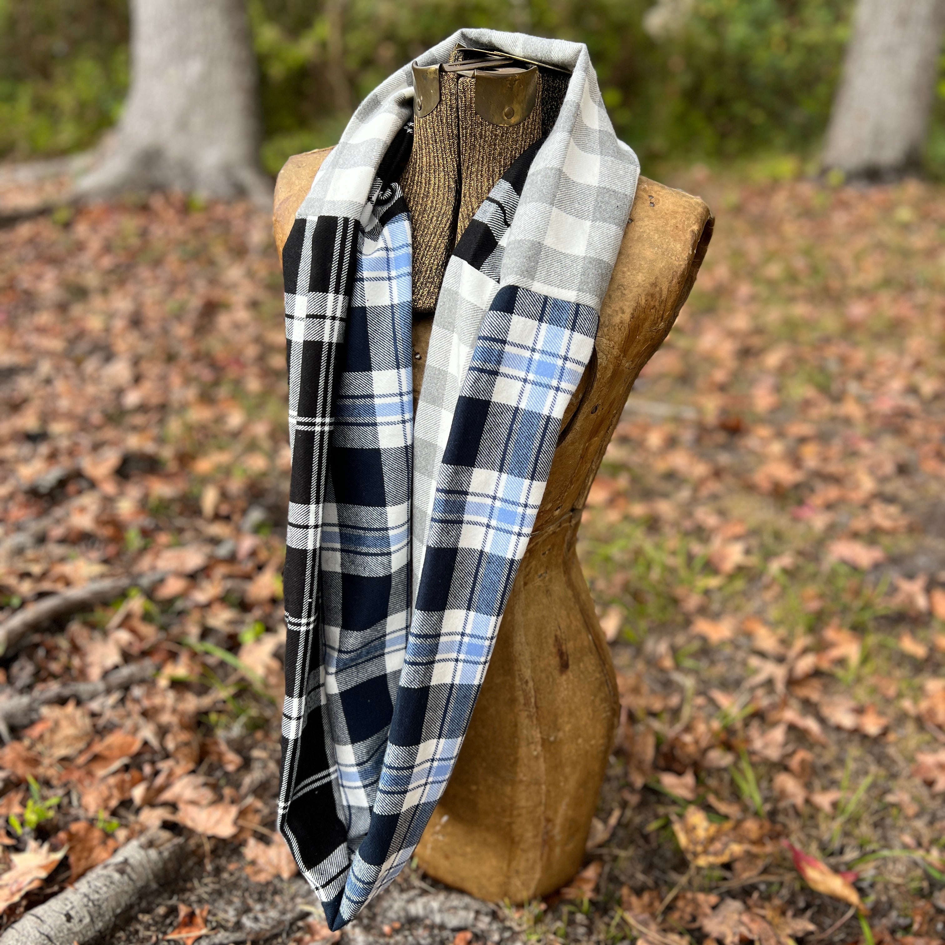 Patchwork Flannel Infinity Scarf in black, blue and grey