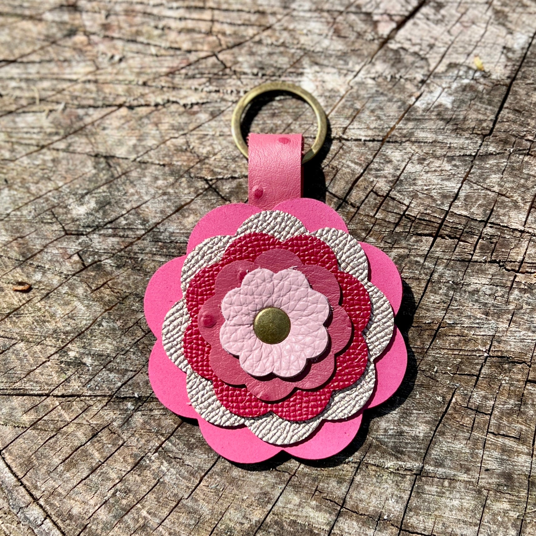 Pink Leather Flower Bag Charm 