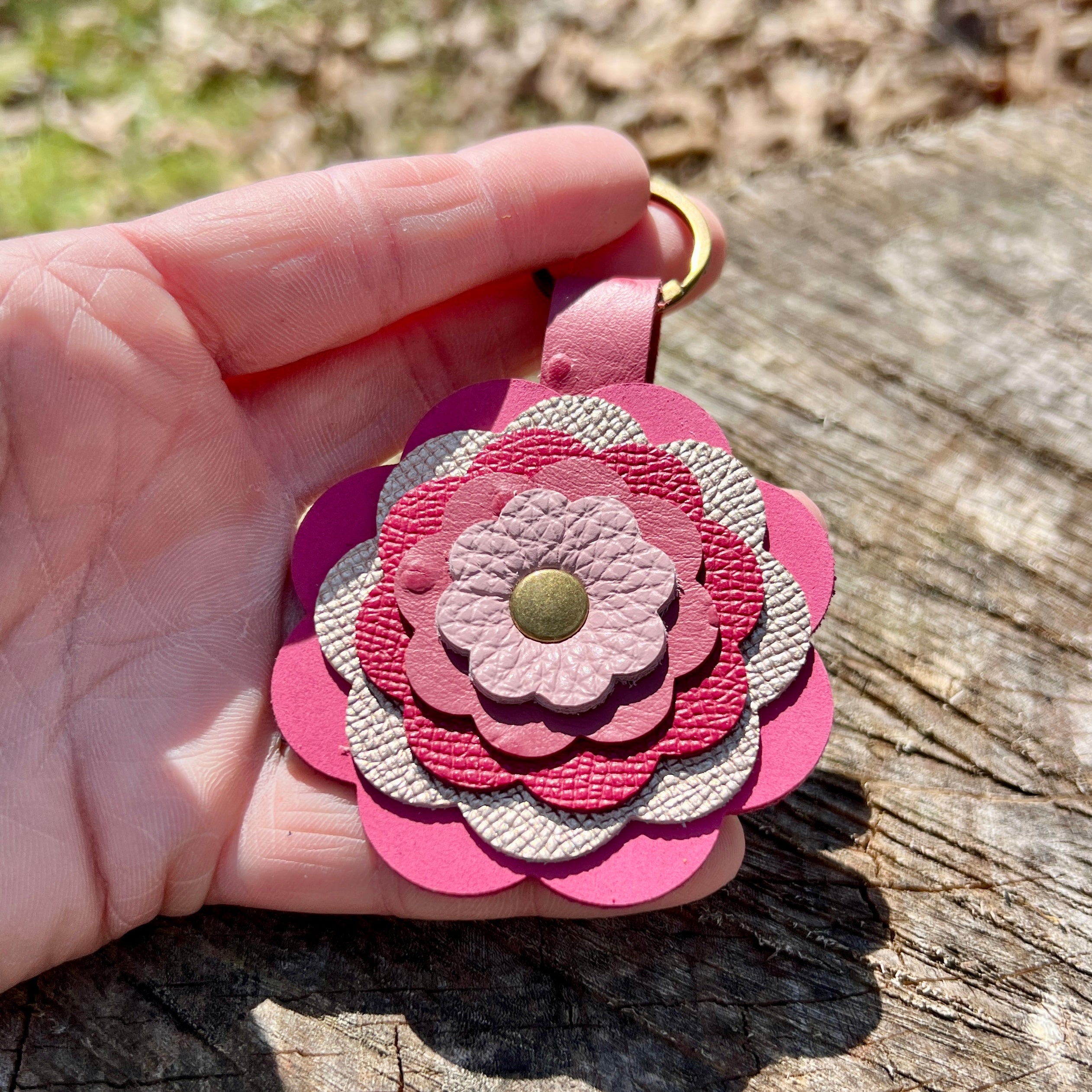 Pink Leather Flower Bag Charm 