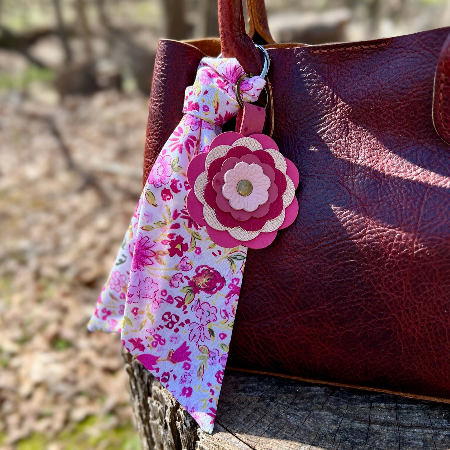 Pink Leather Flower Bag Charm with pink floral purse scarf n brown handbag