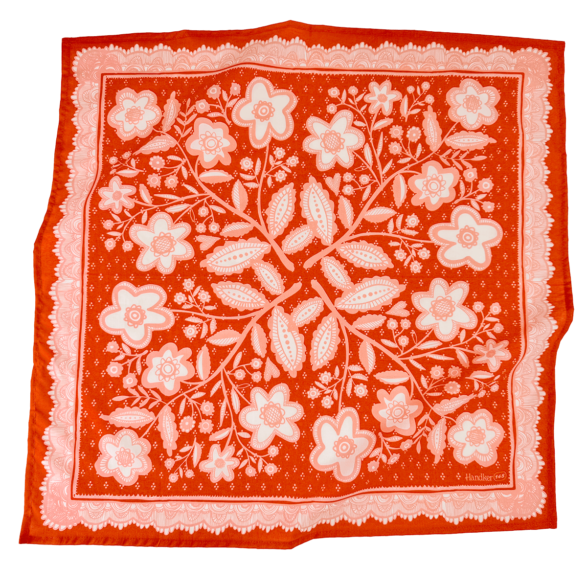 Red bandana style scarf with white floral pattern on a white background