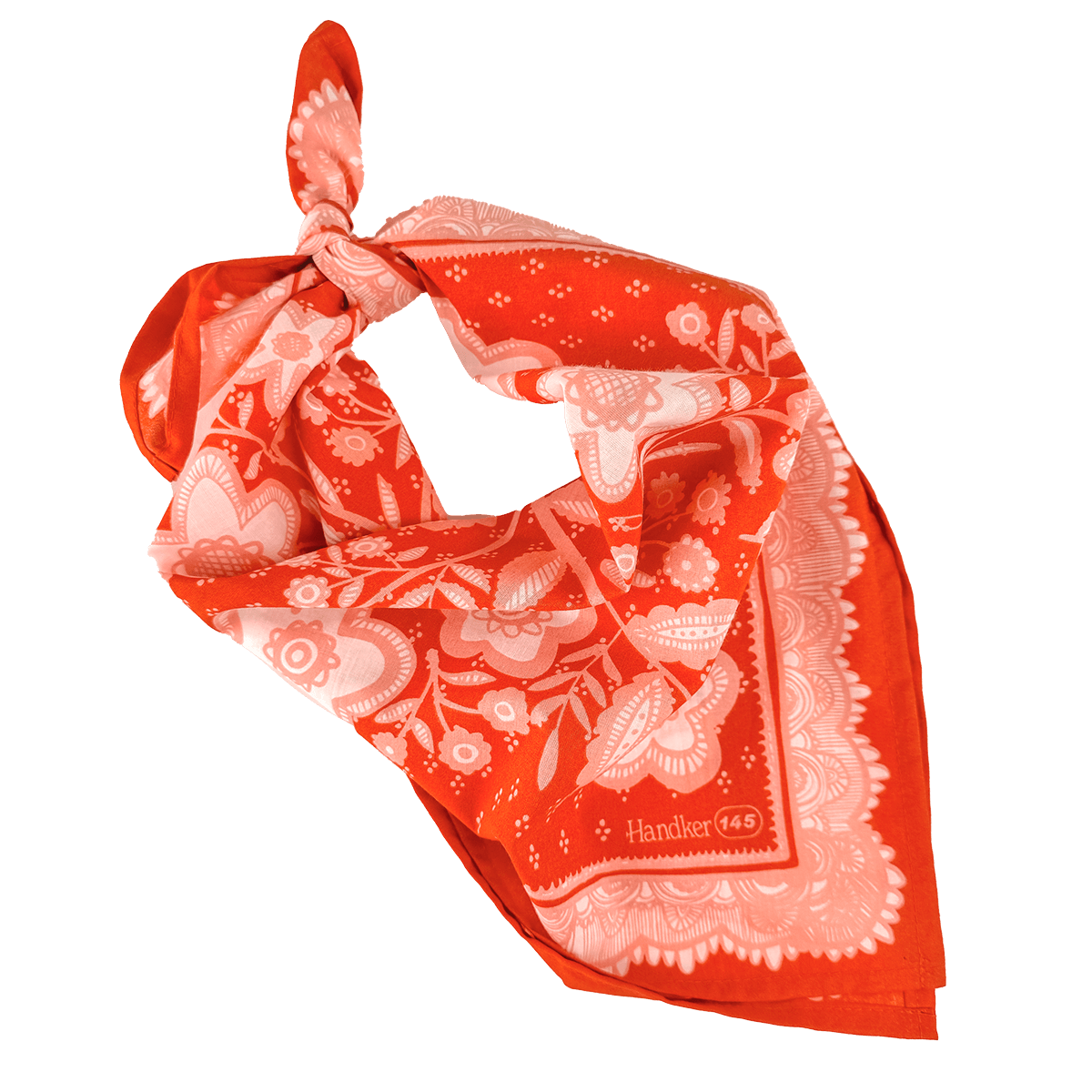Red floral patterned bandana style scarf on a white background