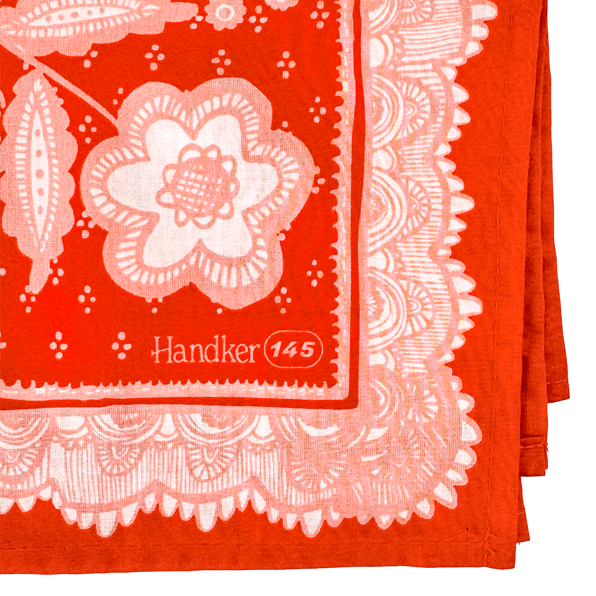 Red bandana style scarf with white floral pattern and 'Handker 145' branding.