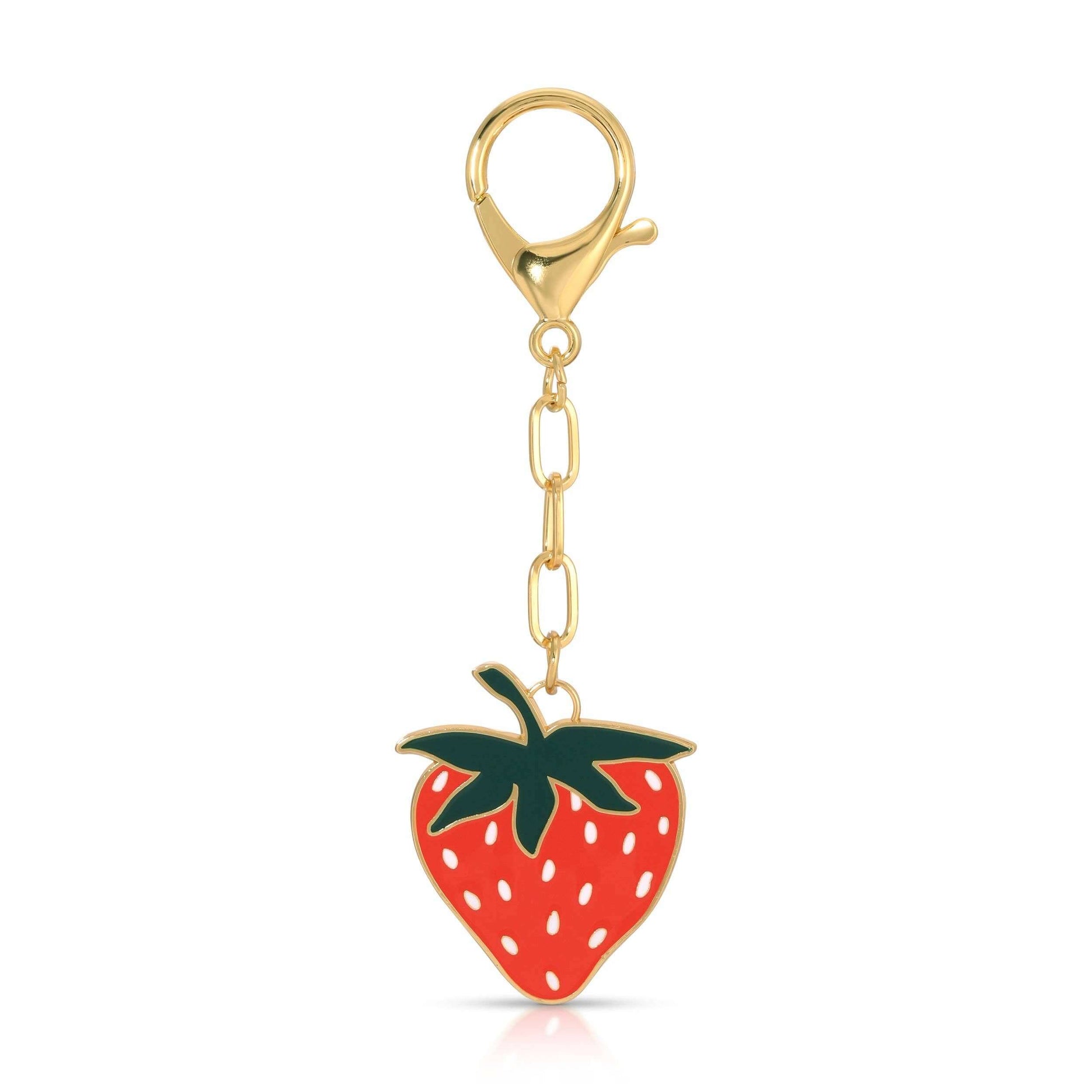 Strawberry-shaped keychain charm with gold clasp on a white background
