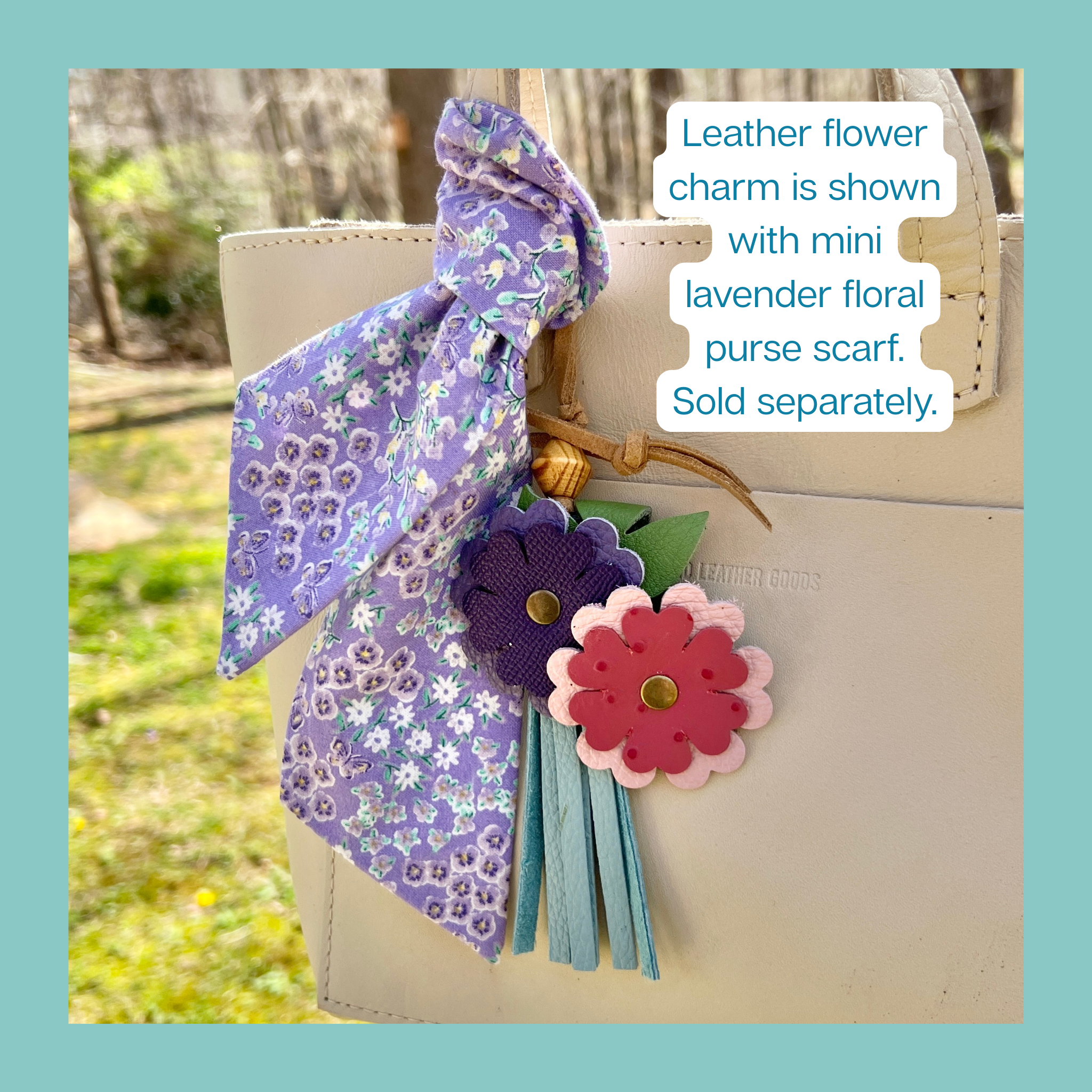 Spring Flowers Leather Tassel Bag Charm Pink, Blue and Purple