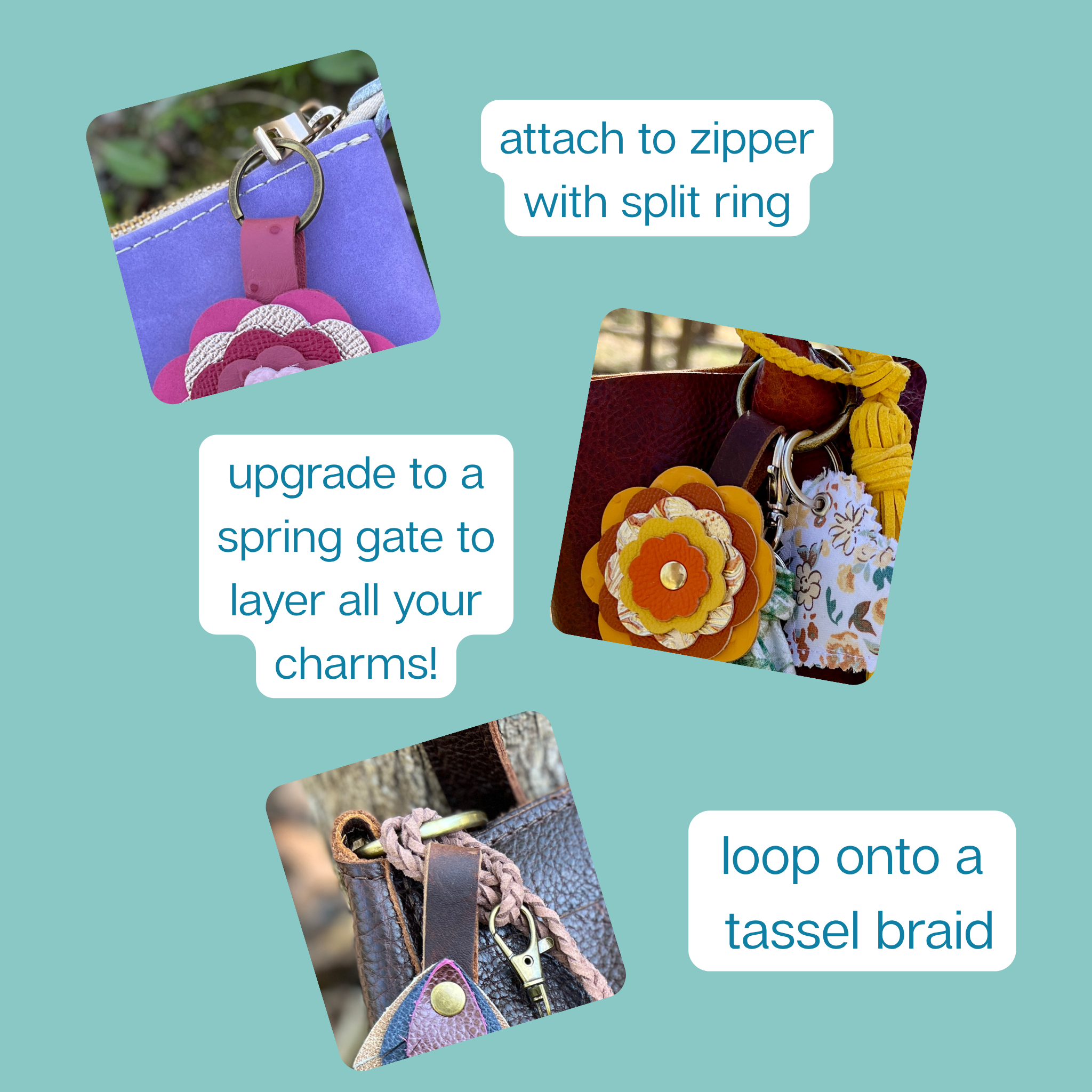 Leather Flower Bag Charm - Shades of Blue