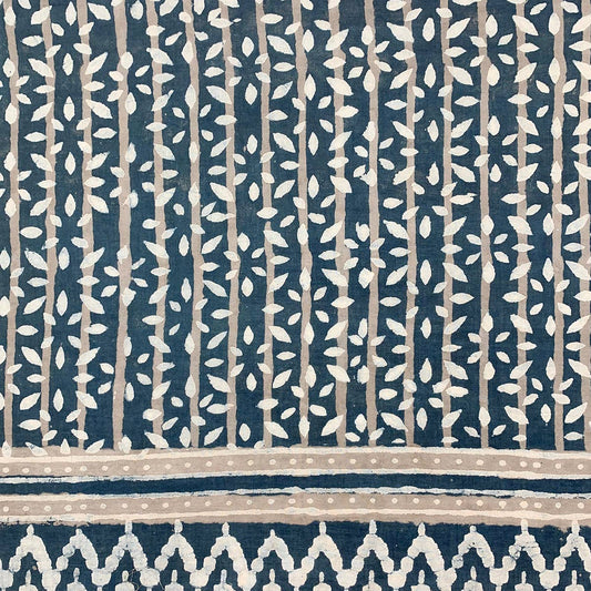 Block Printed Cotton Scarf - Navy and Taupe Leafy Stripes