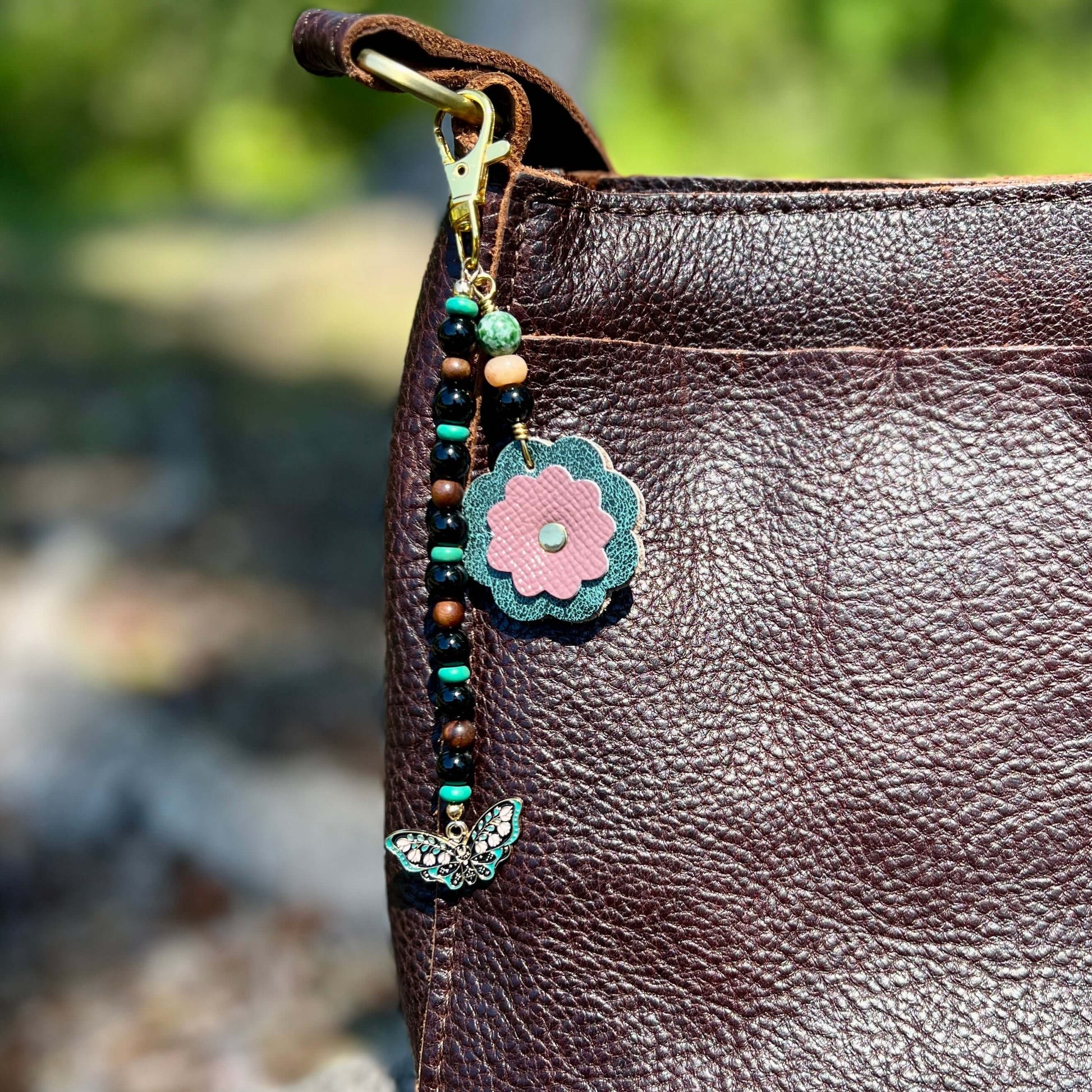 Beaded Bag Charm with Leather Flower and Butterfly Charm