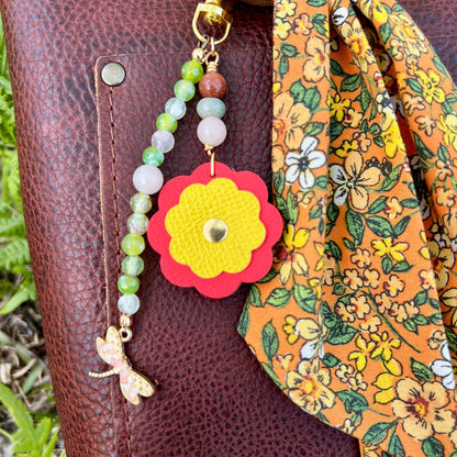 Beaded Bag Charm with Leather Flower and Dragonfly