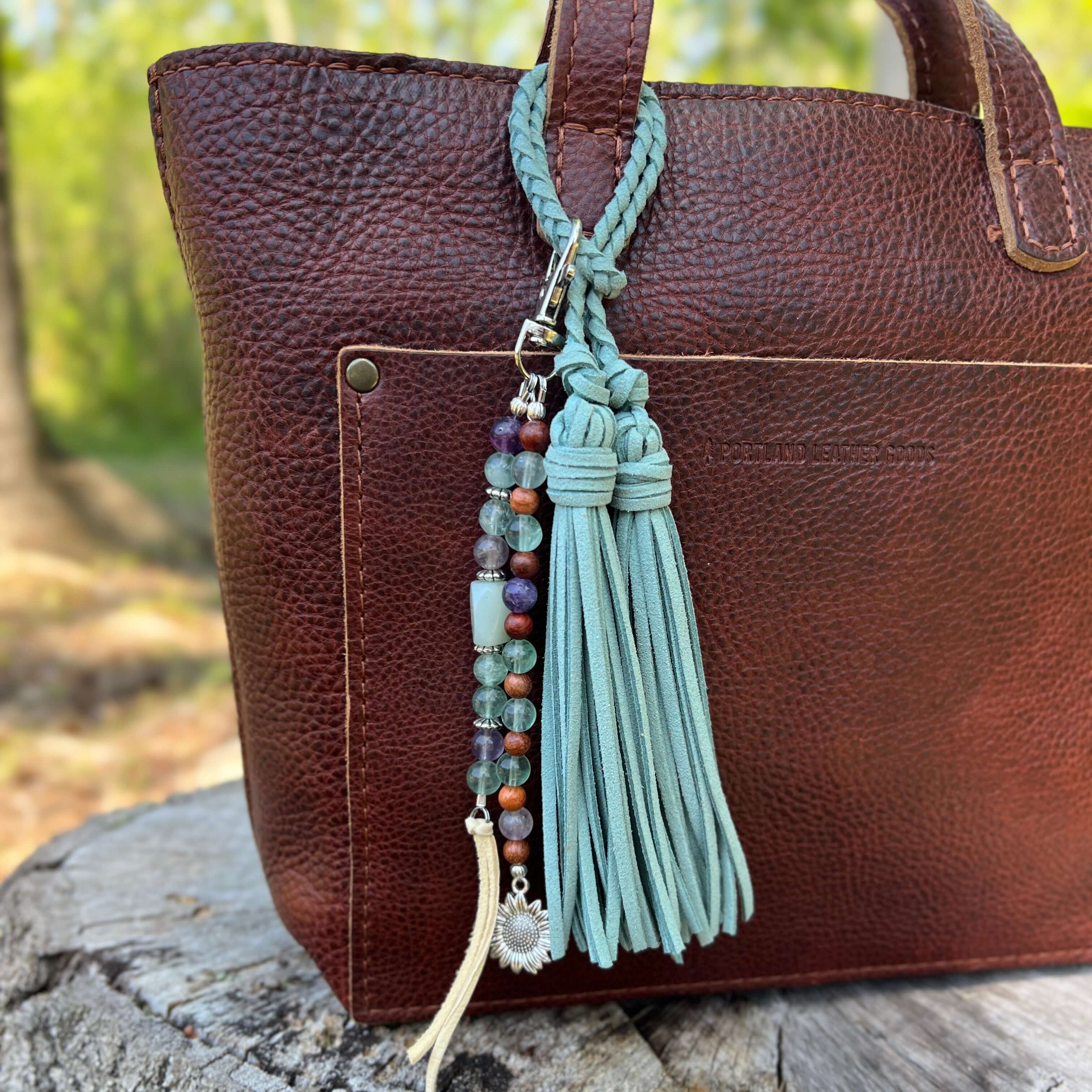Beaded Bag Charm with Rainbow Fluorite and Amazonite