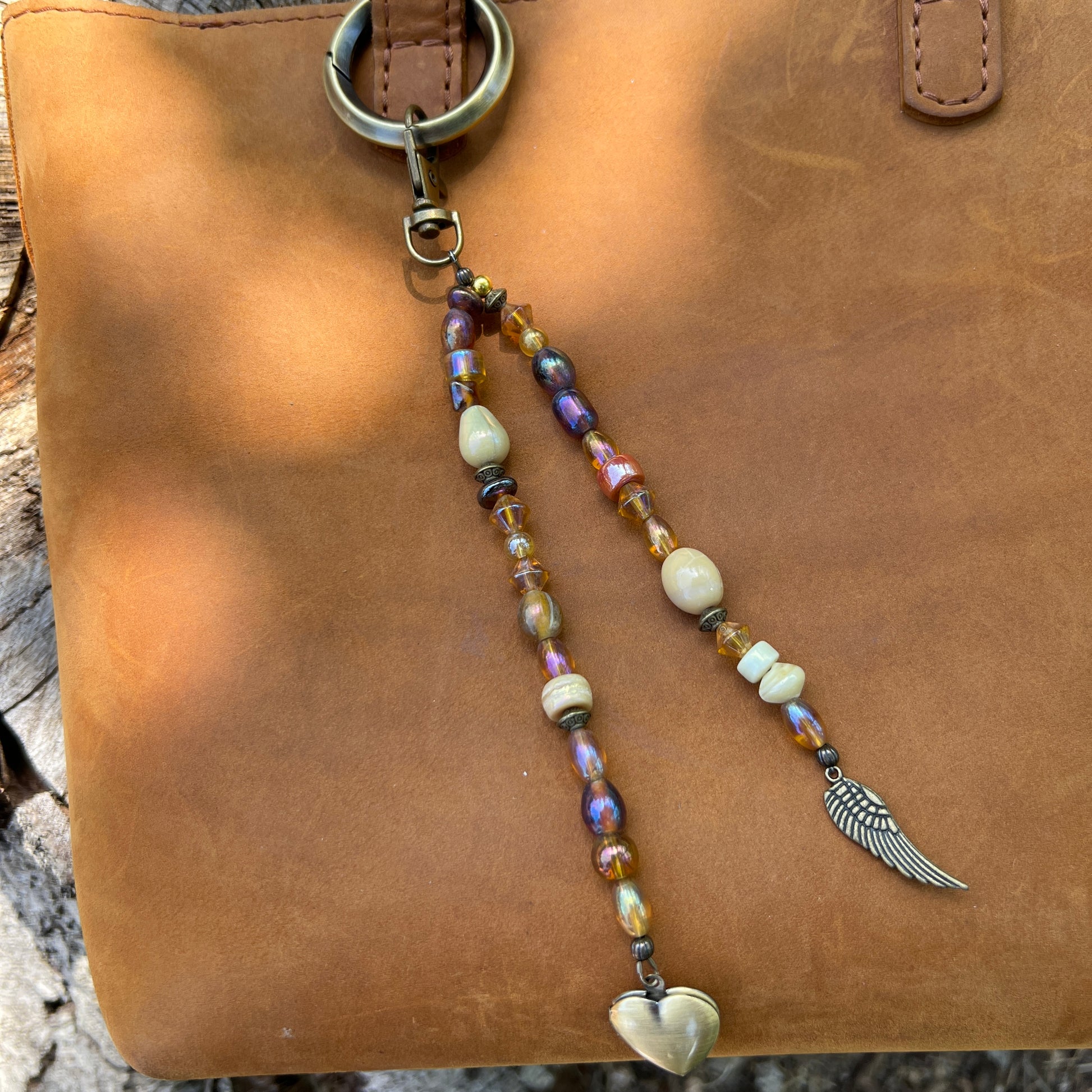 beaded bag charm with heart locket