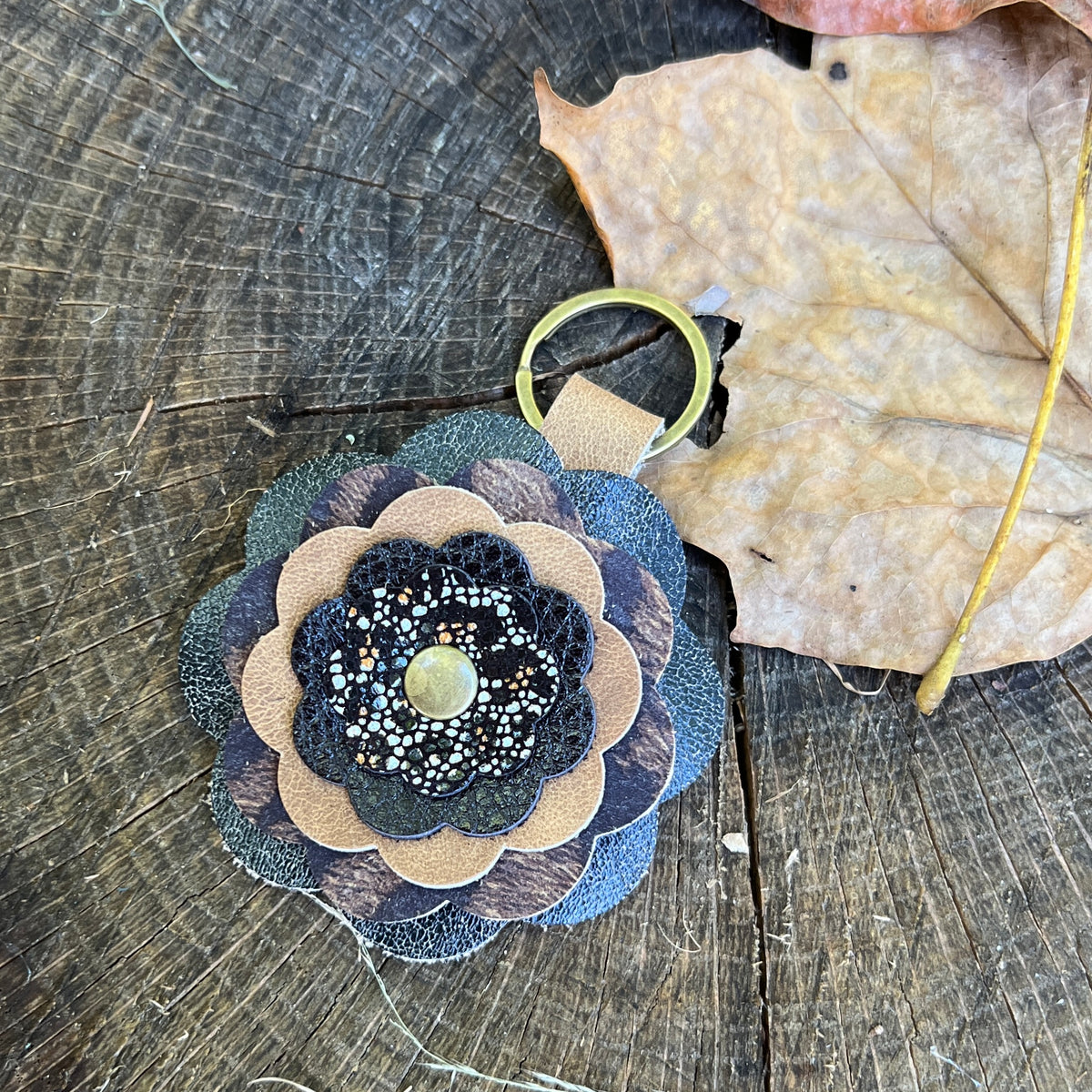 black and brown animal print leather flower bag charm