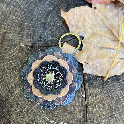 black and brown animal print leather flower bag charm