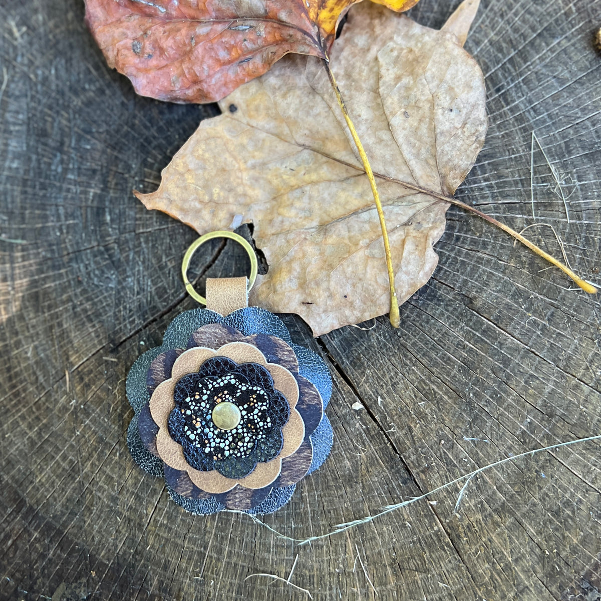 black and brown animal print leather flower bag charm