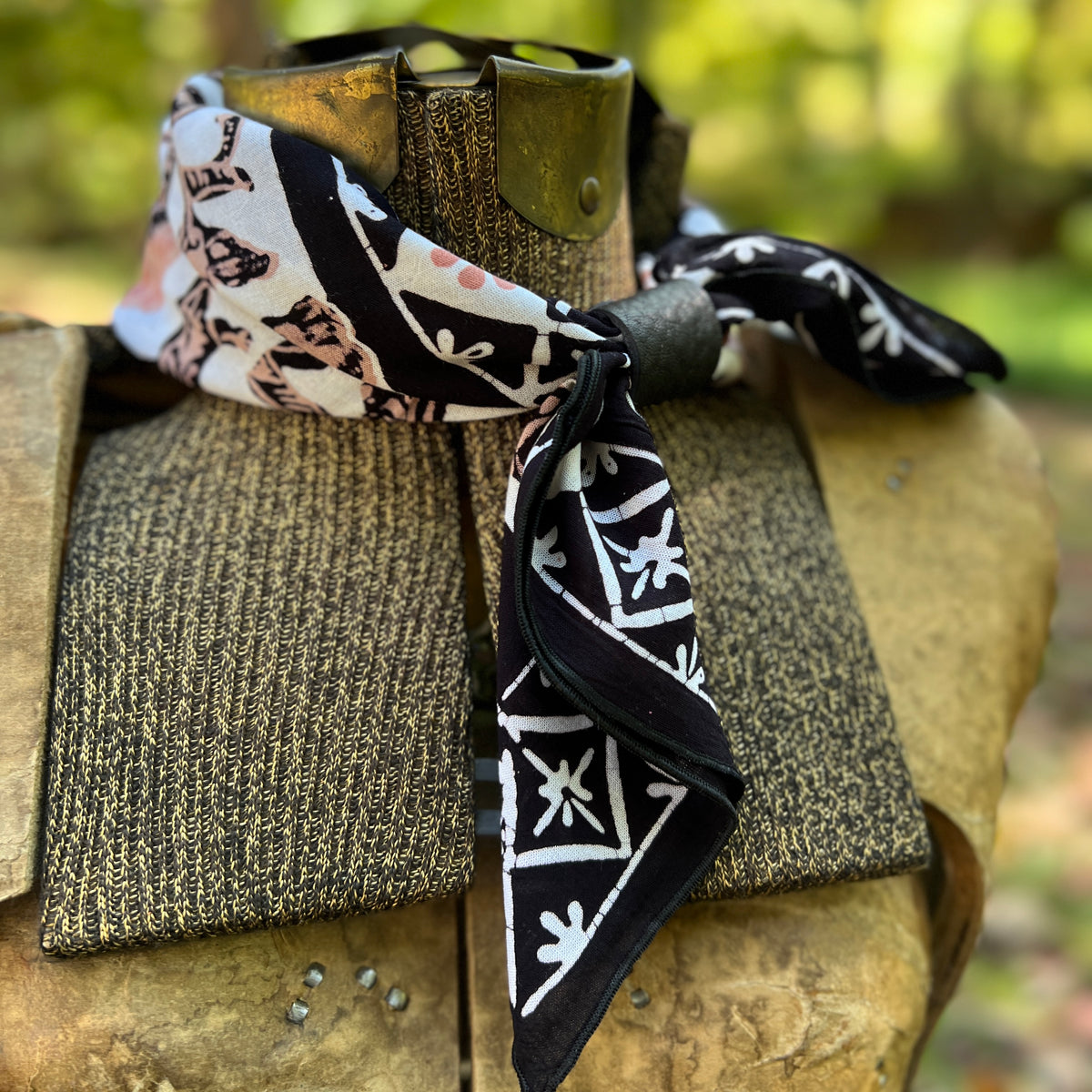 black floral bandana with black leather slide