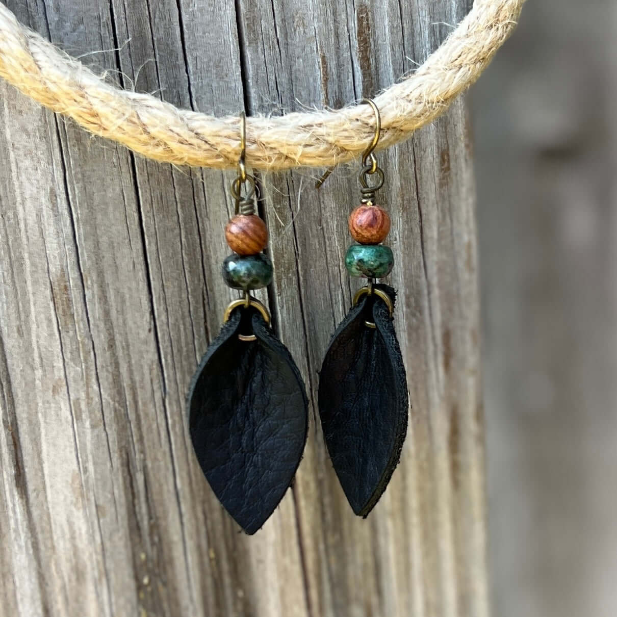 Western Style Leather Petal Dangle Earrings - Black with Wood & Ruby Zoisite