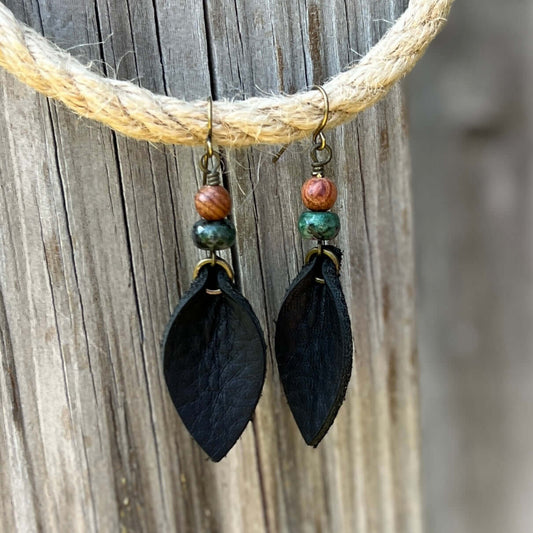 Western Style Leather Petal Dangle Earrings - Black with Wood & Ruby Zoisite