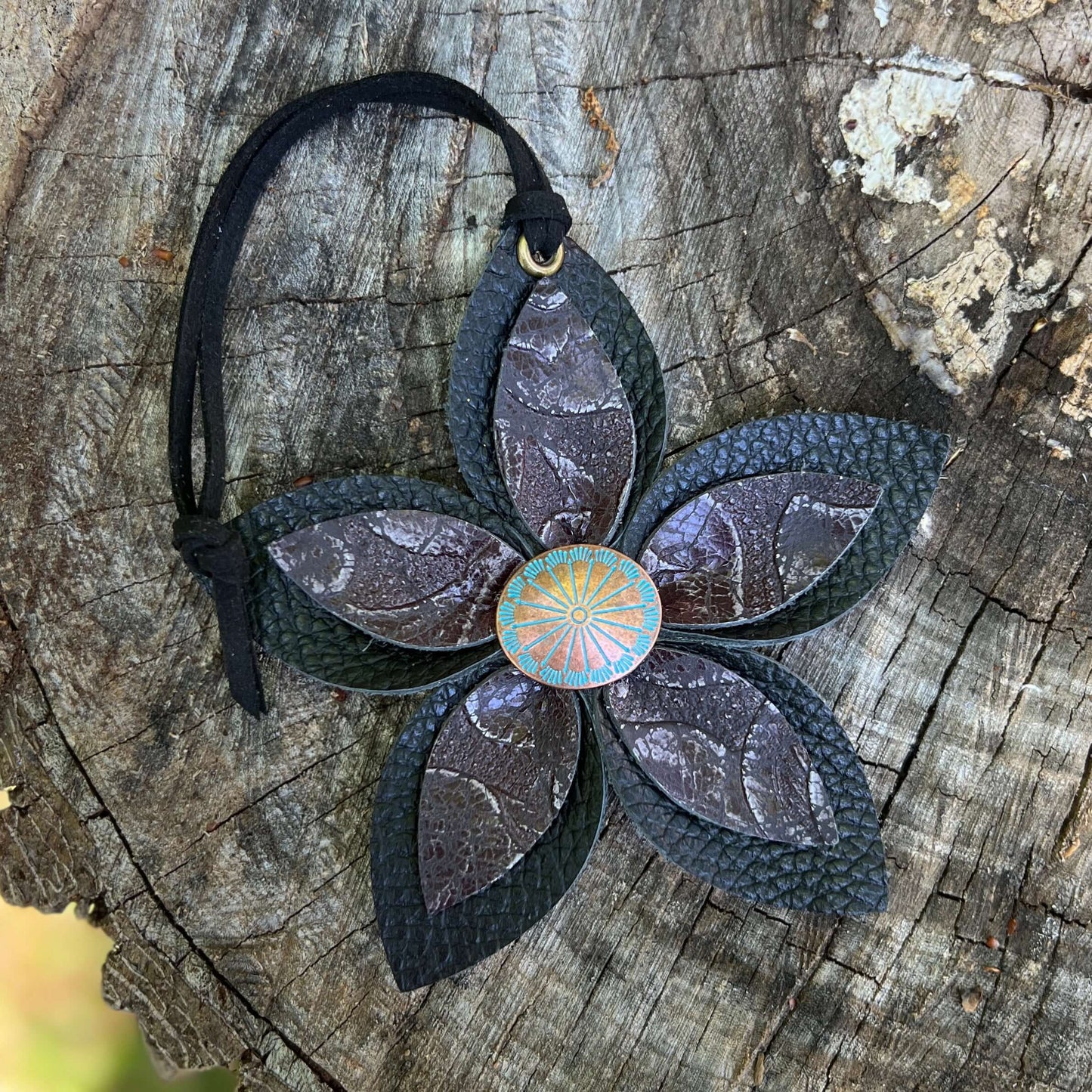 black leather flower bag charm
