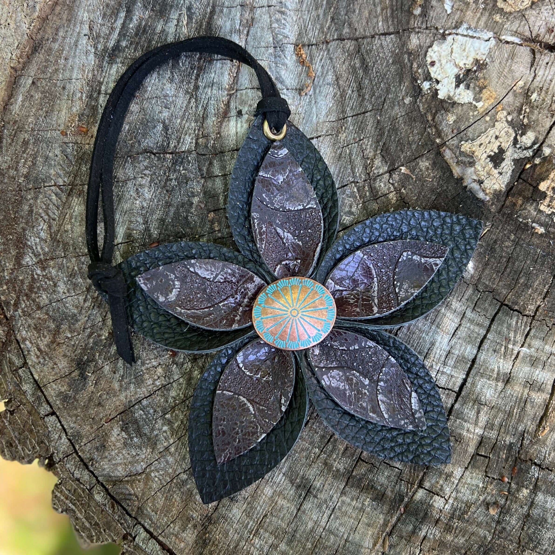 black leather flower bag charm