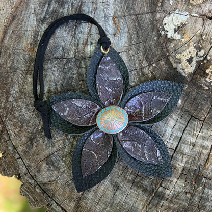 black leather flower bag charm