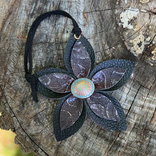 black leather flower purse charm