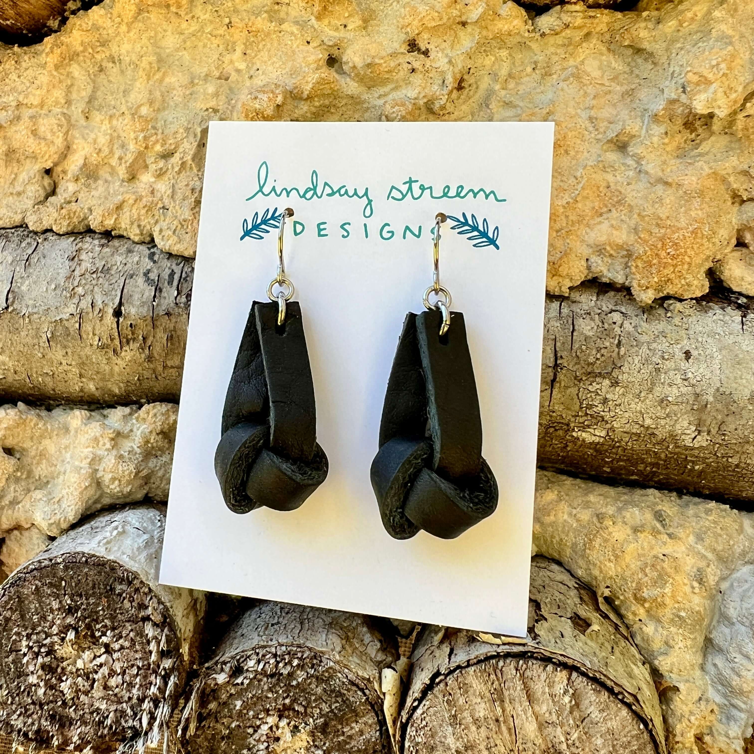 Leather Knot Earrings - Rustic Black