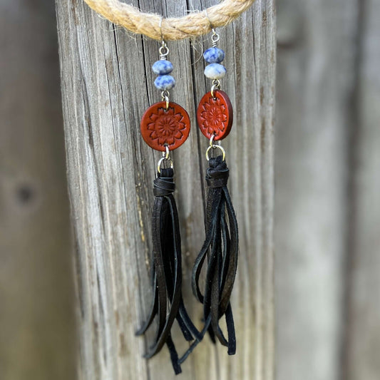 Black Leather Tassel Earrings with Blue Spot Jasper