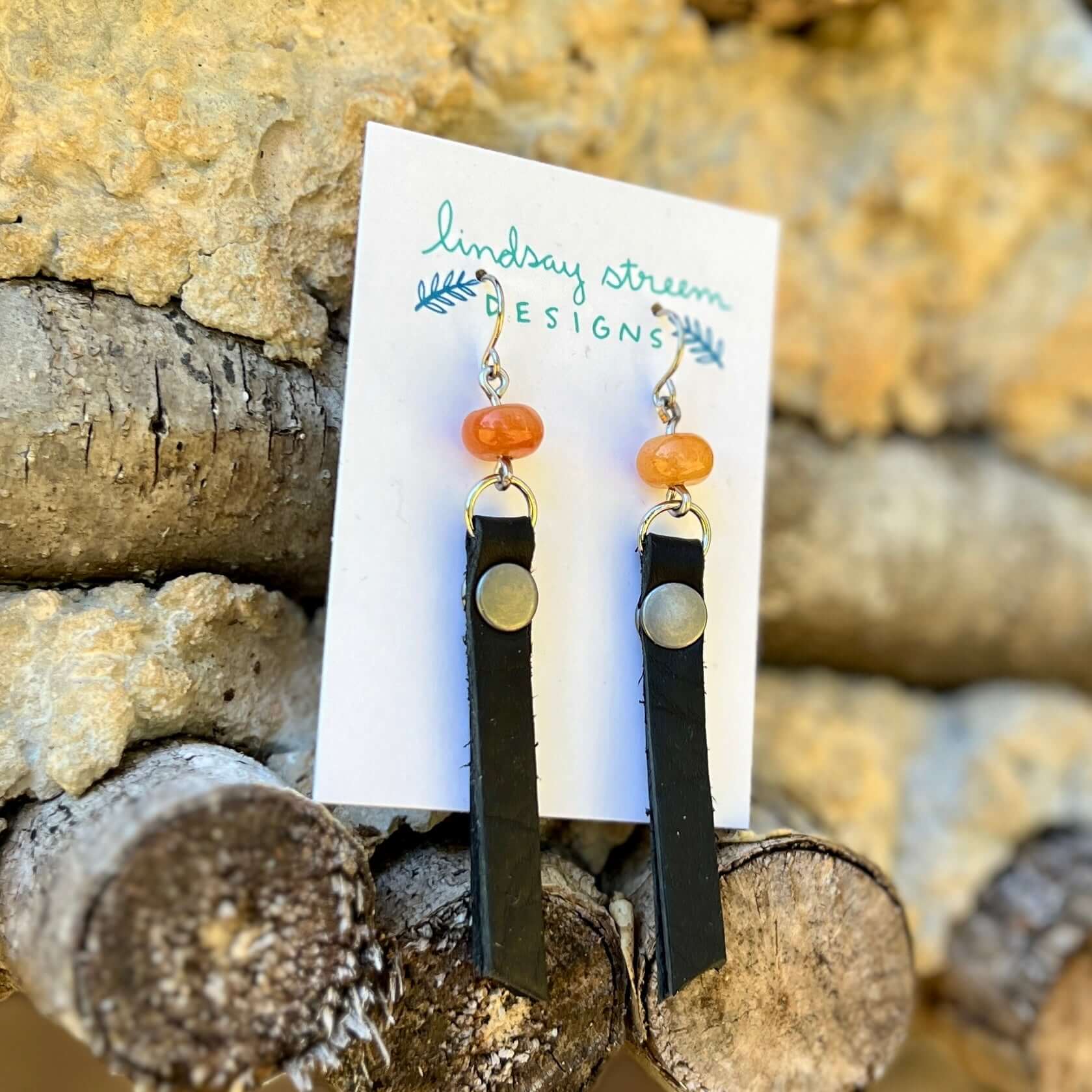 Leather Tassel Earrings - Rustic Black with Red Aventurine